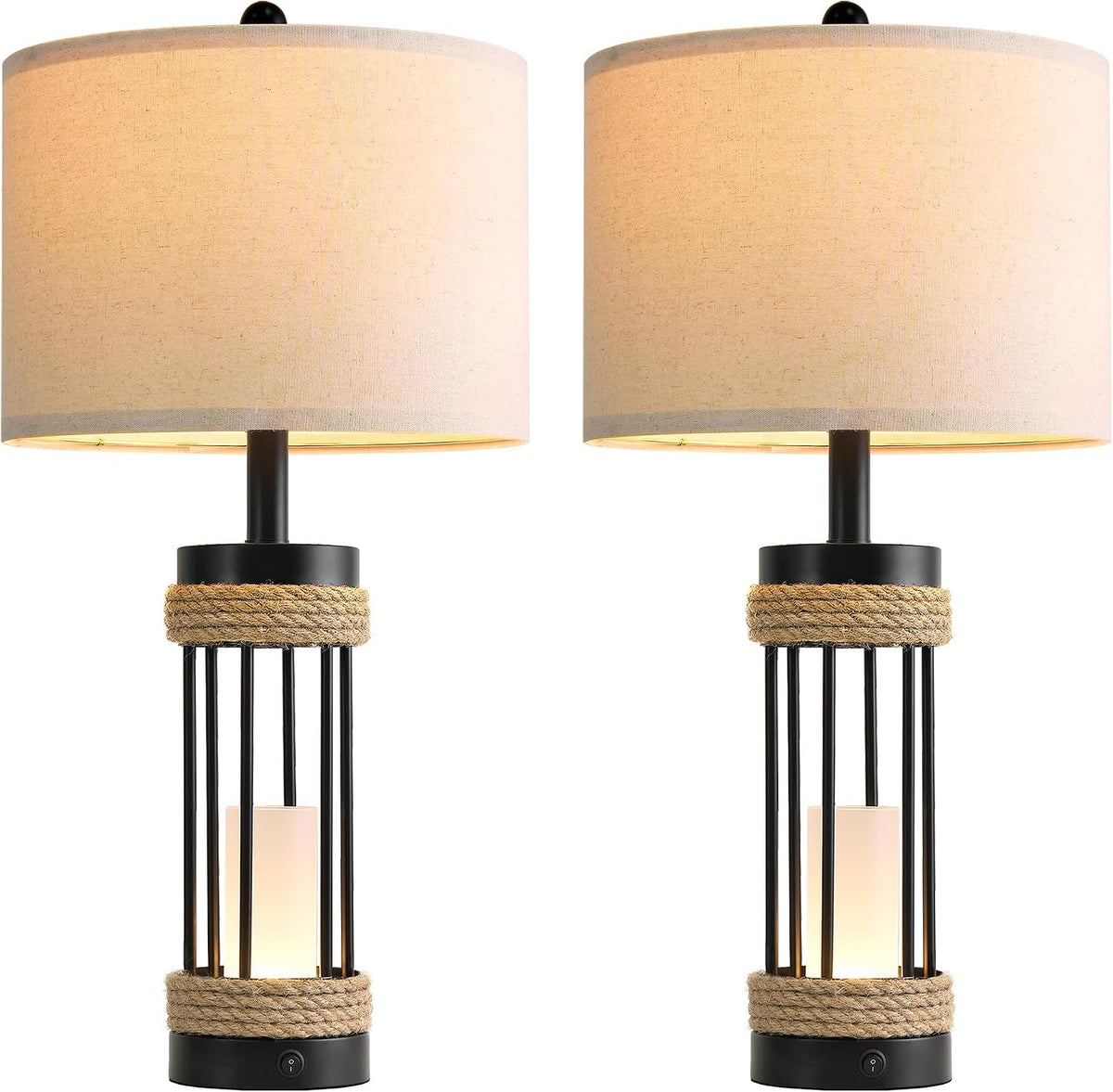 25" Table Lamps Set of 2, Rustic Lamps with USB C+A Charging Ports, Black Metal Lamp with Rope Accent and Frosted Glass