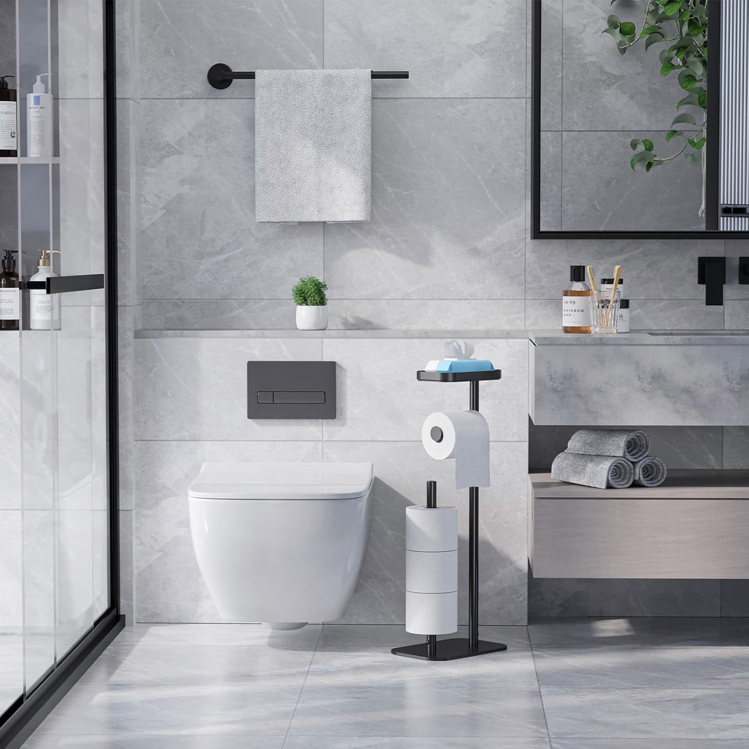 Toilet Paper Holder Free Standing – Rustproof Metal Toilet Paper Stand for 4 Rolls with Anti-Slip Base and Shelf Medium, Black