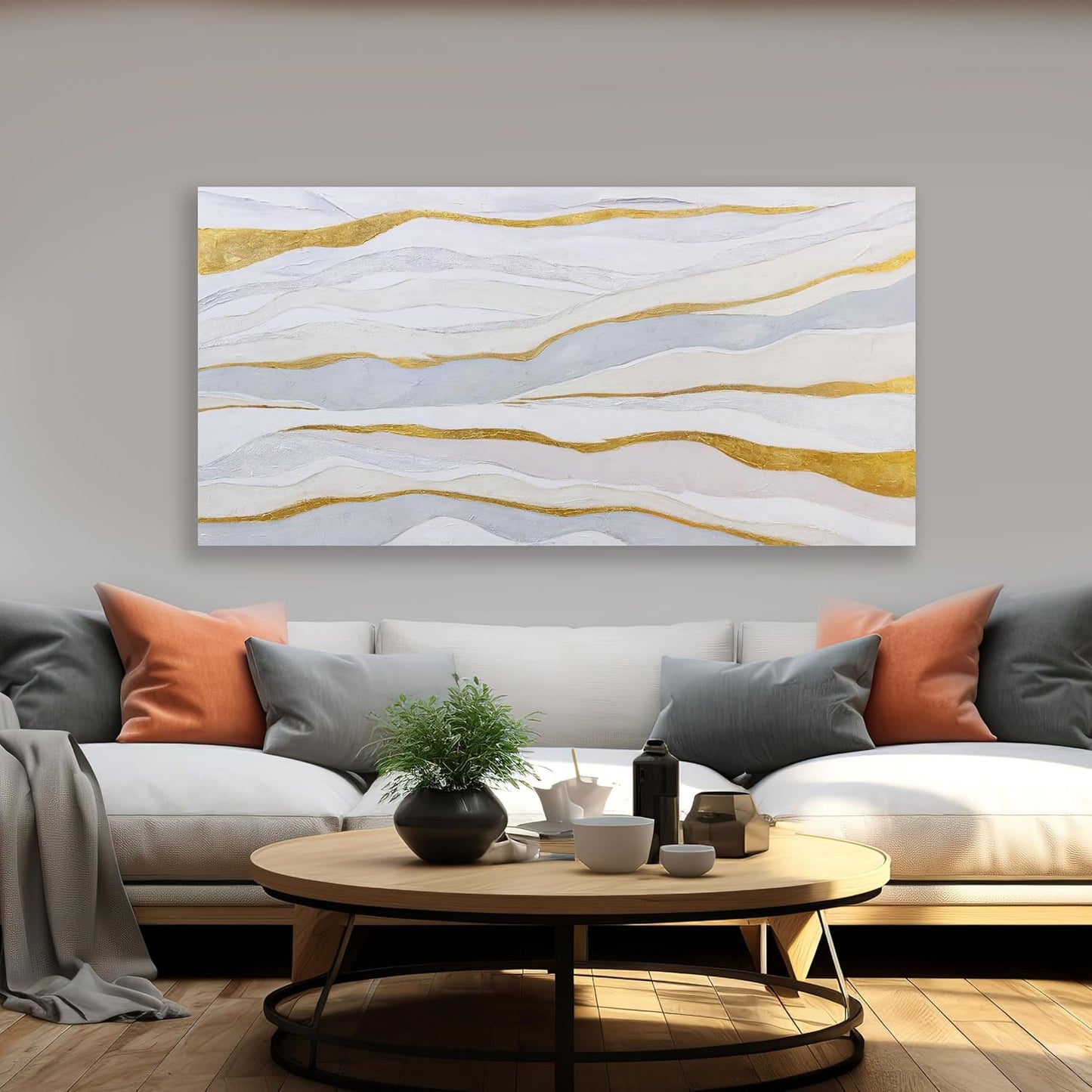 Abstract Wall Art White and Gold Wave Lines Canvas Print Artwork, Home Decor 20X40 Inch