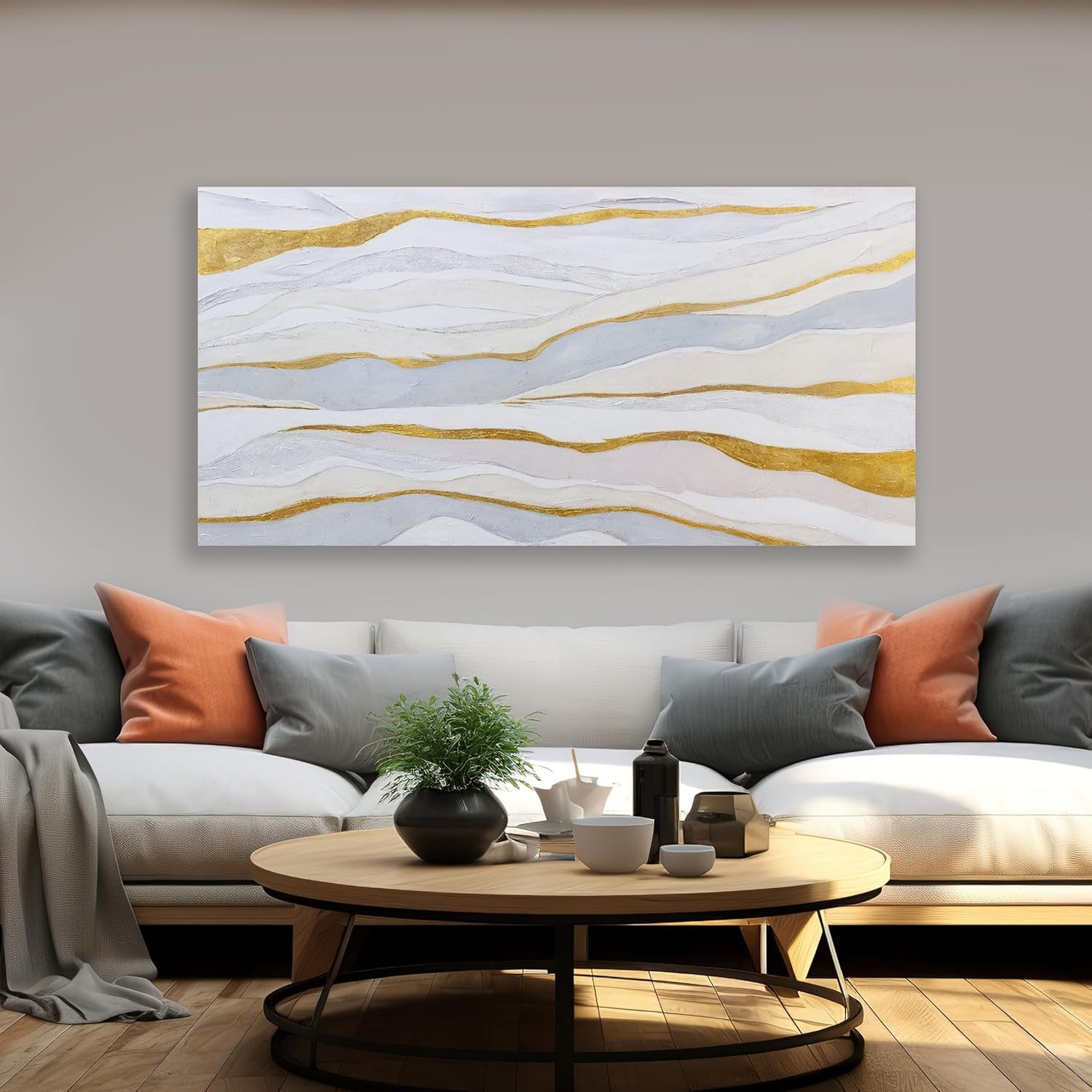 Abstract Wall Art White and Gold Wave Lines Canvas Print Artwork, Home Decor 20X40 Inch