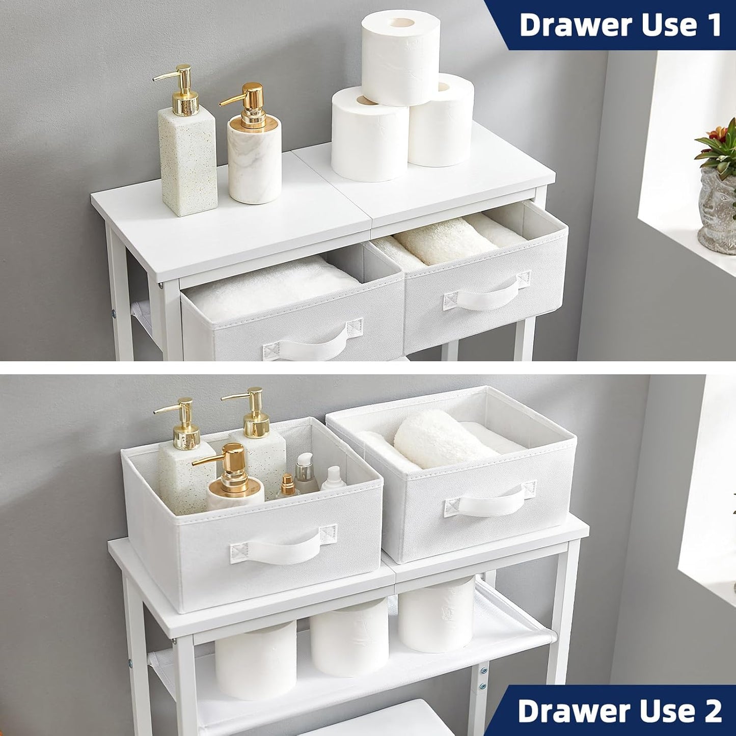 2-Tier over the Toilet Storage with 2 Fabric Drawers, Freestanding above the Toilet Storage Cabinet, Shelf for Small Space, White
