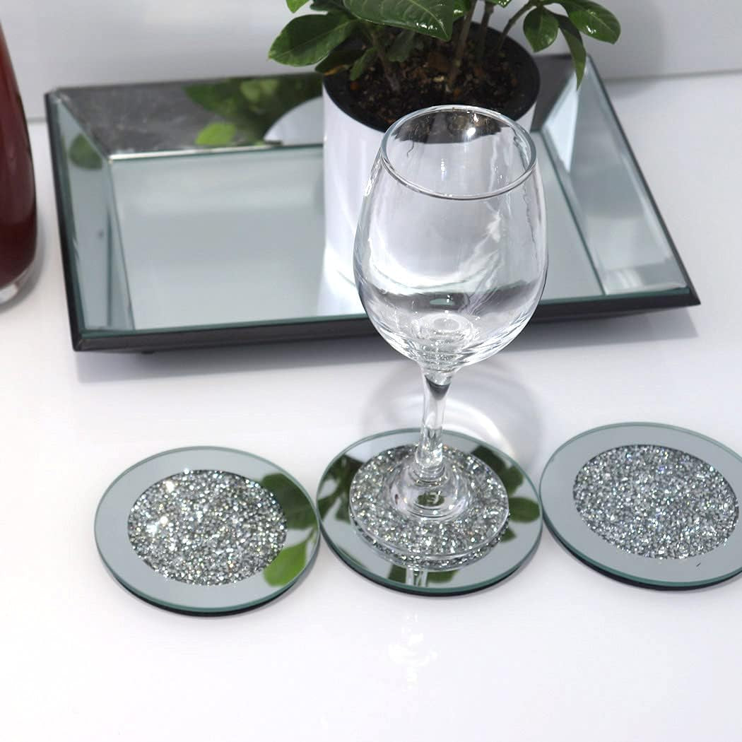 Crushed Diamond Glass Mirrored Coaster round 4", 4pc