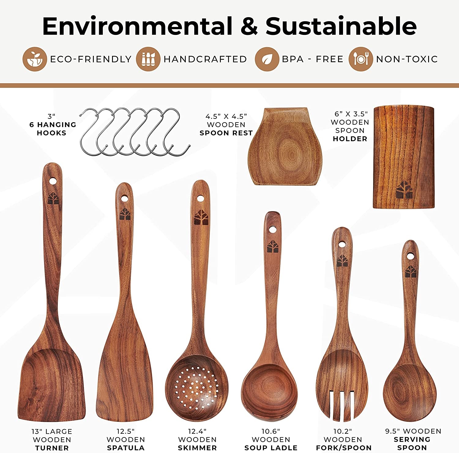 Teak Wooden Utensil Set with Spoon Rest & Hooks, Non-Stick Friendly 8 Pcs