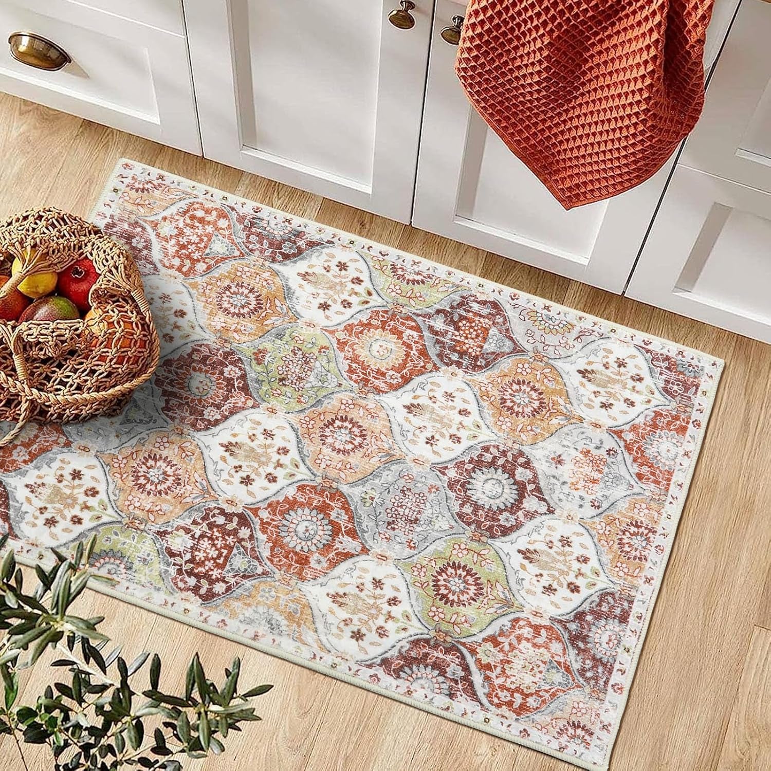 Moroccan Trellis Washable Rug, 2X3 Entryway Rug, Orange/Terracotta
