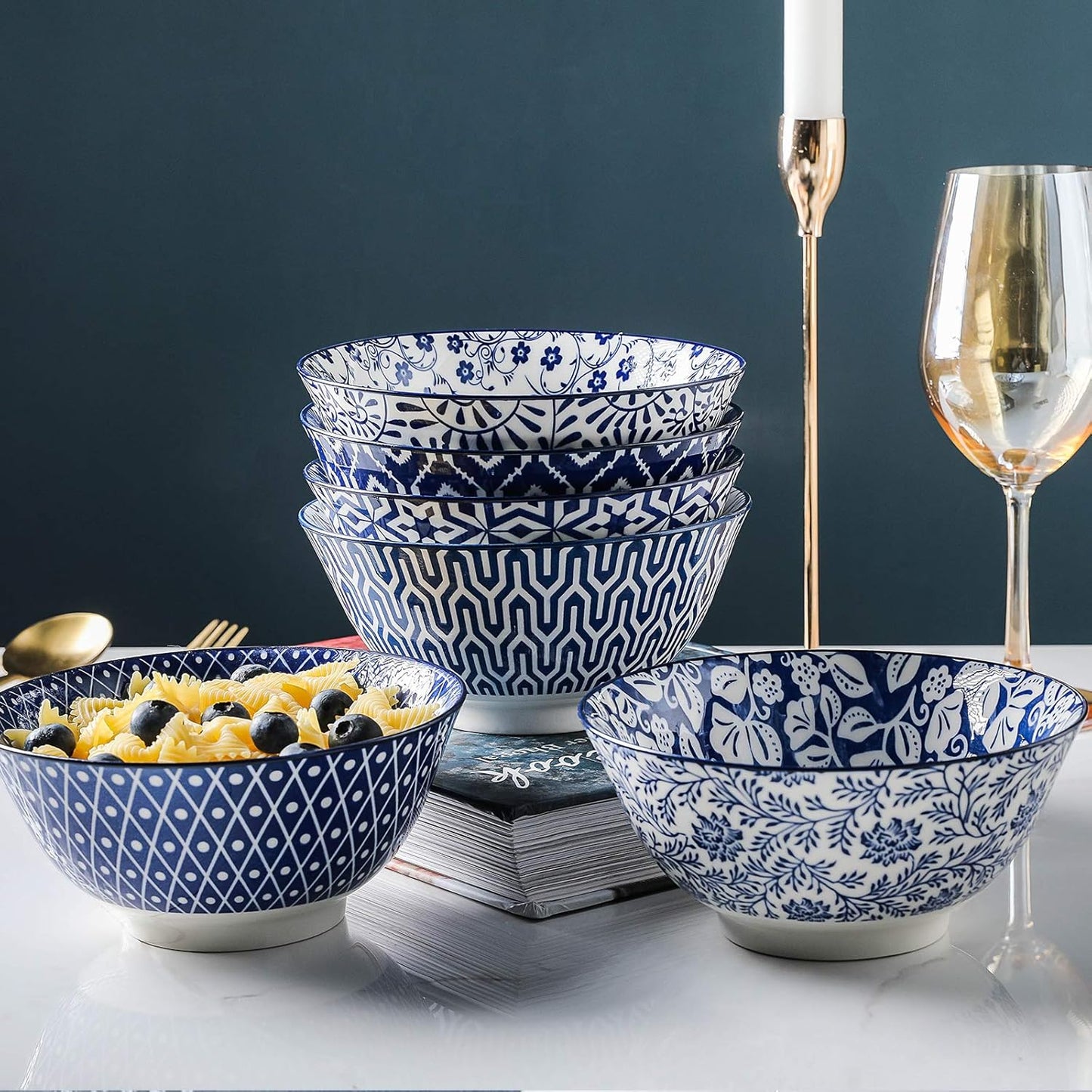 Blue and White Porcelain 20Oz Cereal Bowl Set - Set of 6, 6 Inch Soup Bowls, Vintage Blue