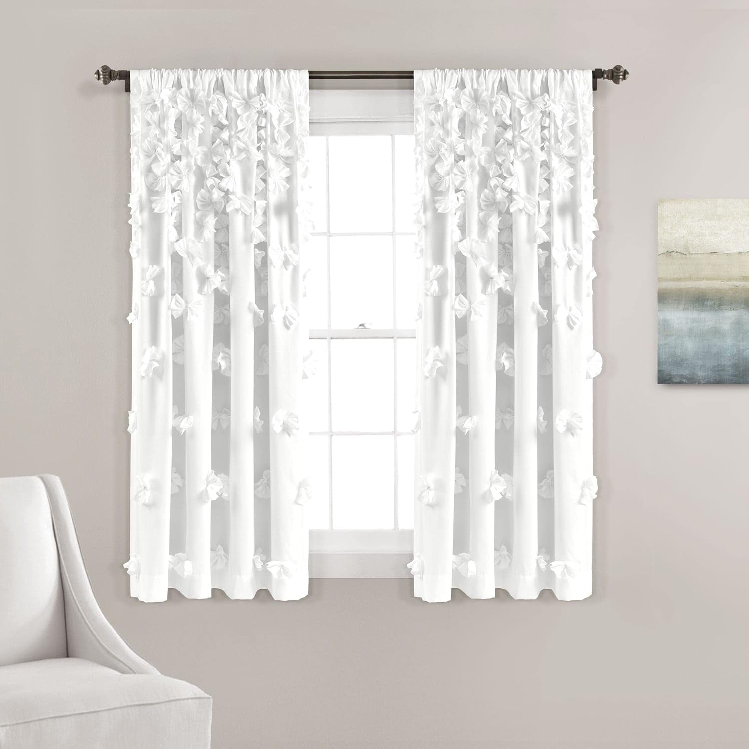 Window Curtain Panel - Charming Handmade Bow Details - Elegant Light Filtering Single Curtain - 54" W X 63" L, White