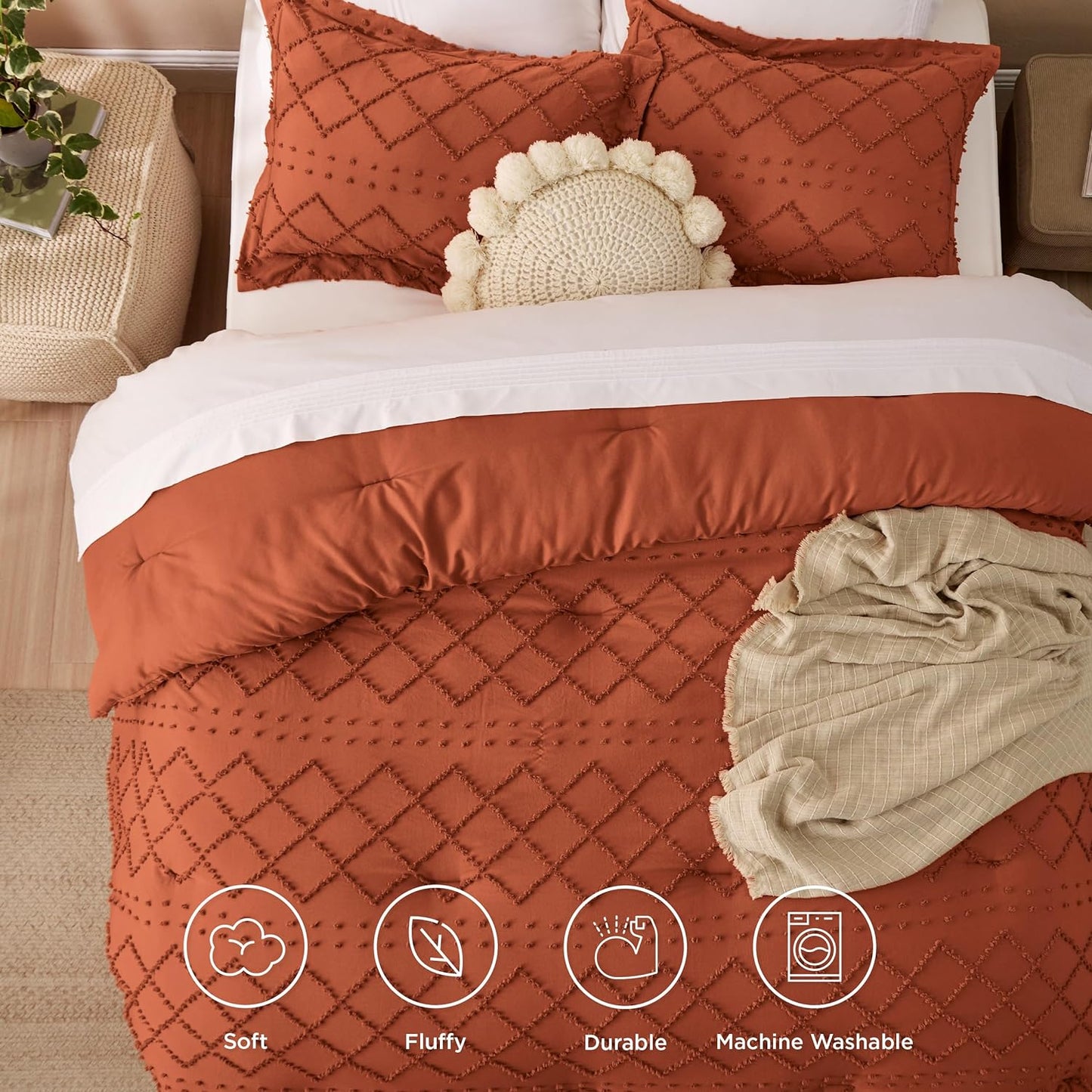 Terracotta Comforter Full Size, Boho Tufted Shabby Chic Bedding 3 Pieces