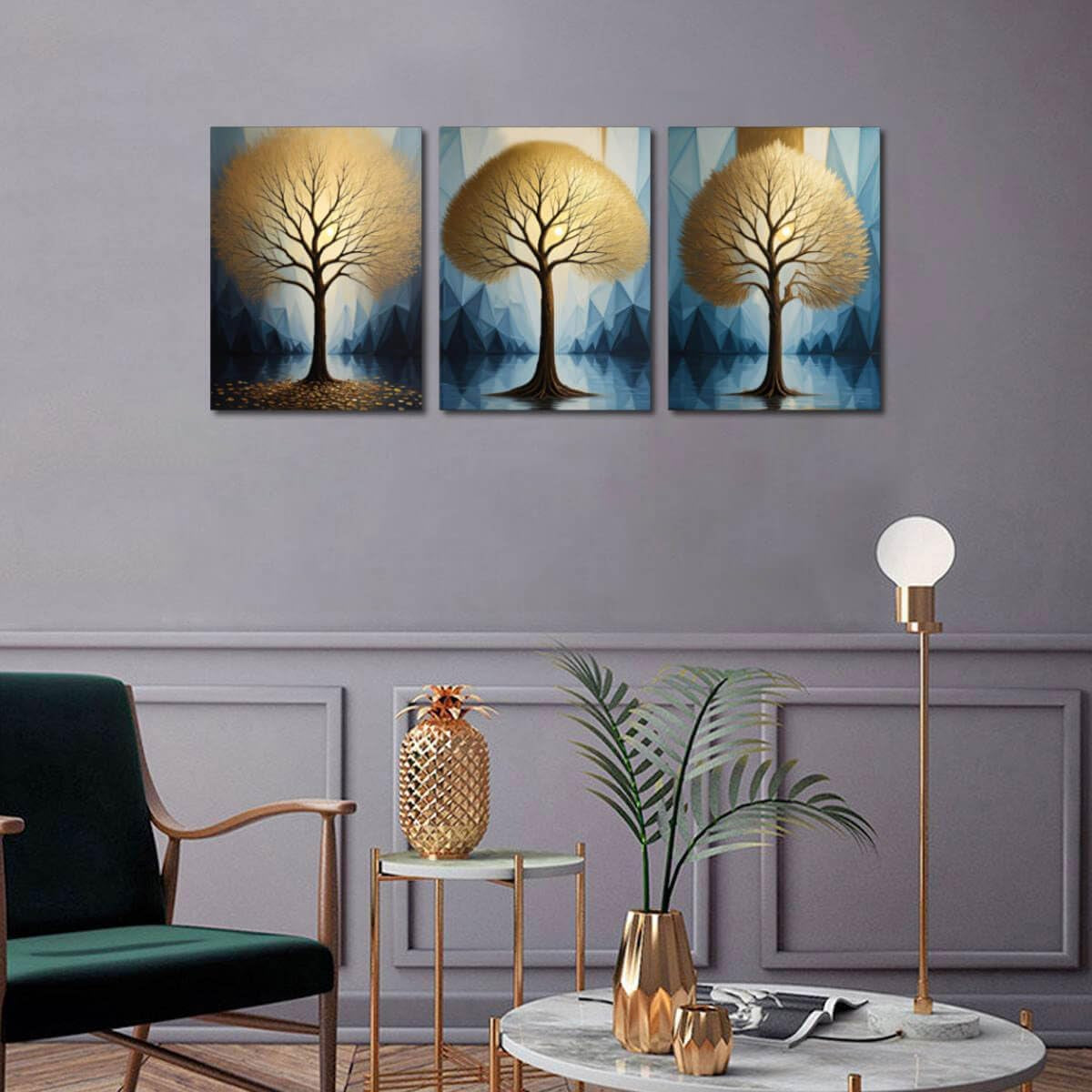 Tree Wall Art Gold Heart Shape Landscape Tree of Life Painting Teal Geometric Mountain Framed, 12"X16"X3 Panels