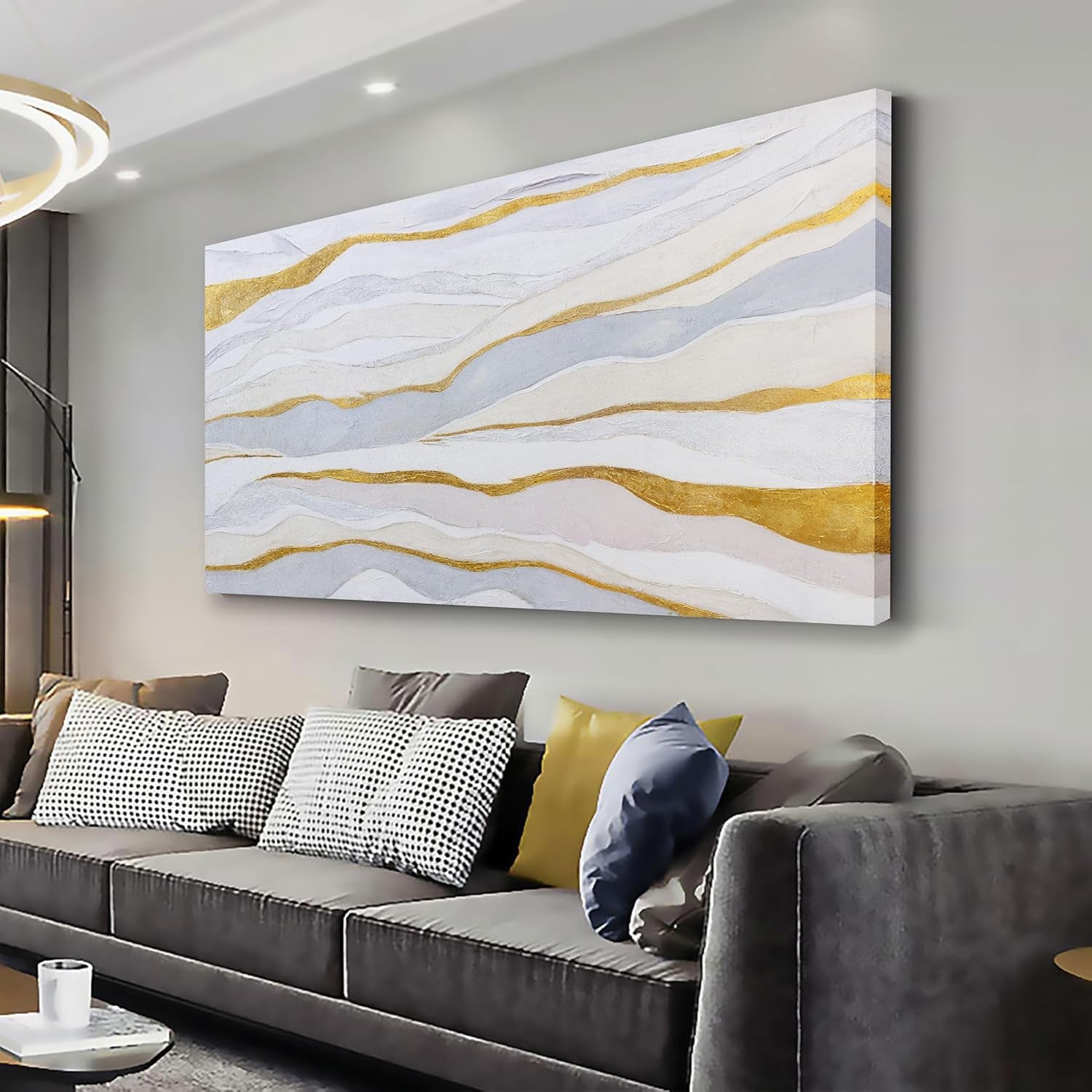 Abstract Wall Art White and Gold Wave Lines Canvas Print Artwork, Home Decor 20X40 Inch