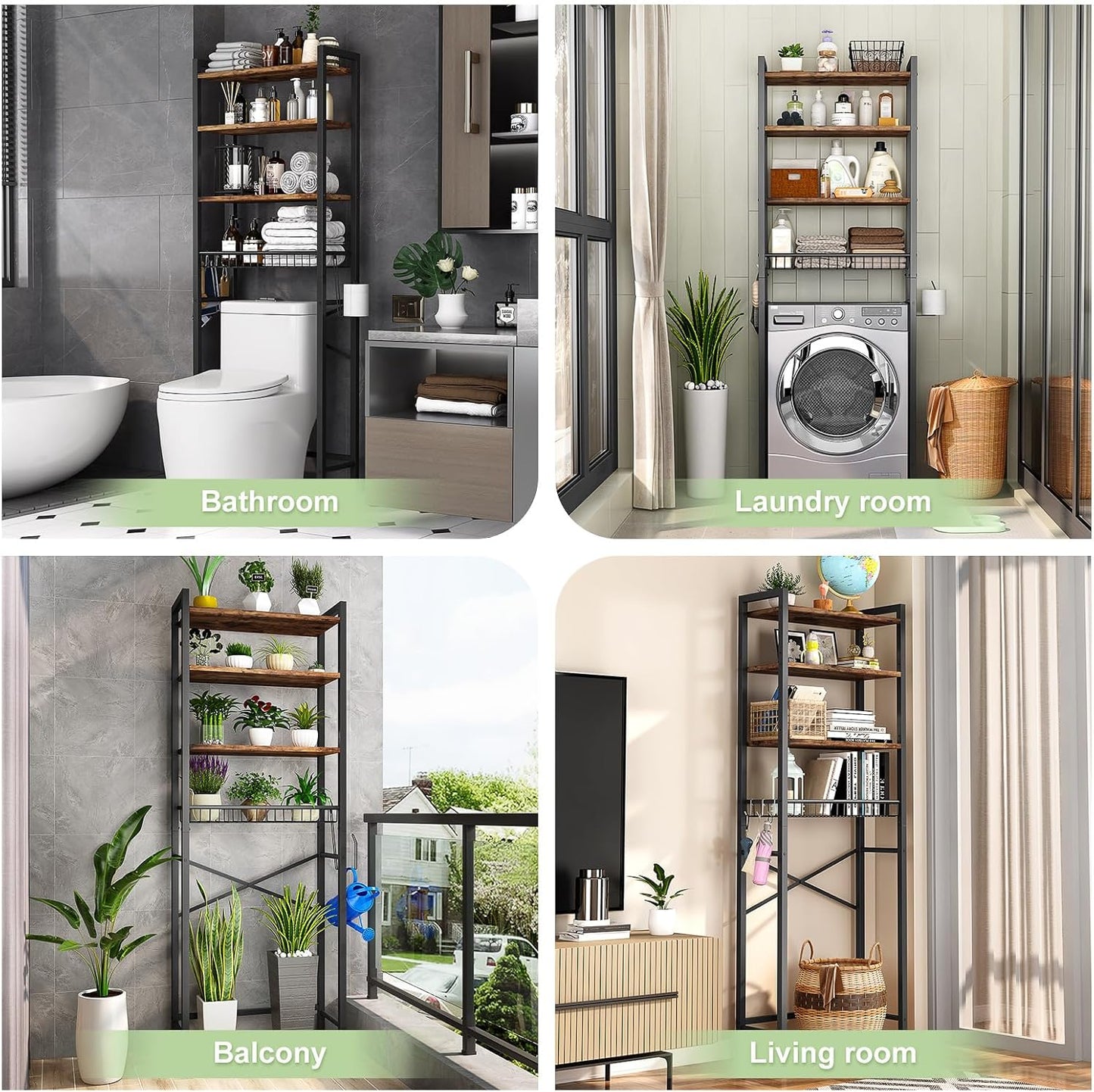 Over-The-Toilet Storage Rack, 4-Tier Bathroom Organizer Shelf over Toilet with Adjustable Shelf and Basket, (Vintage Brown)