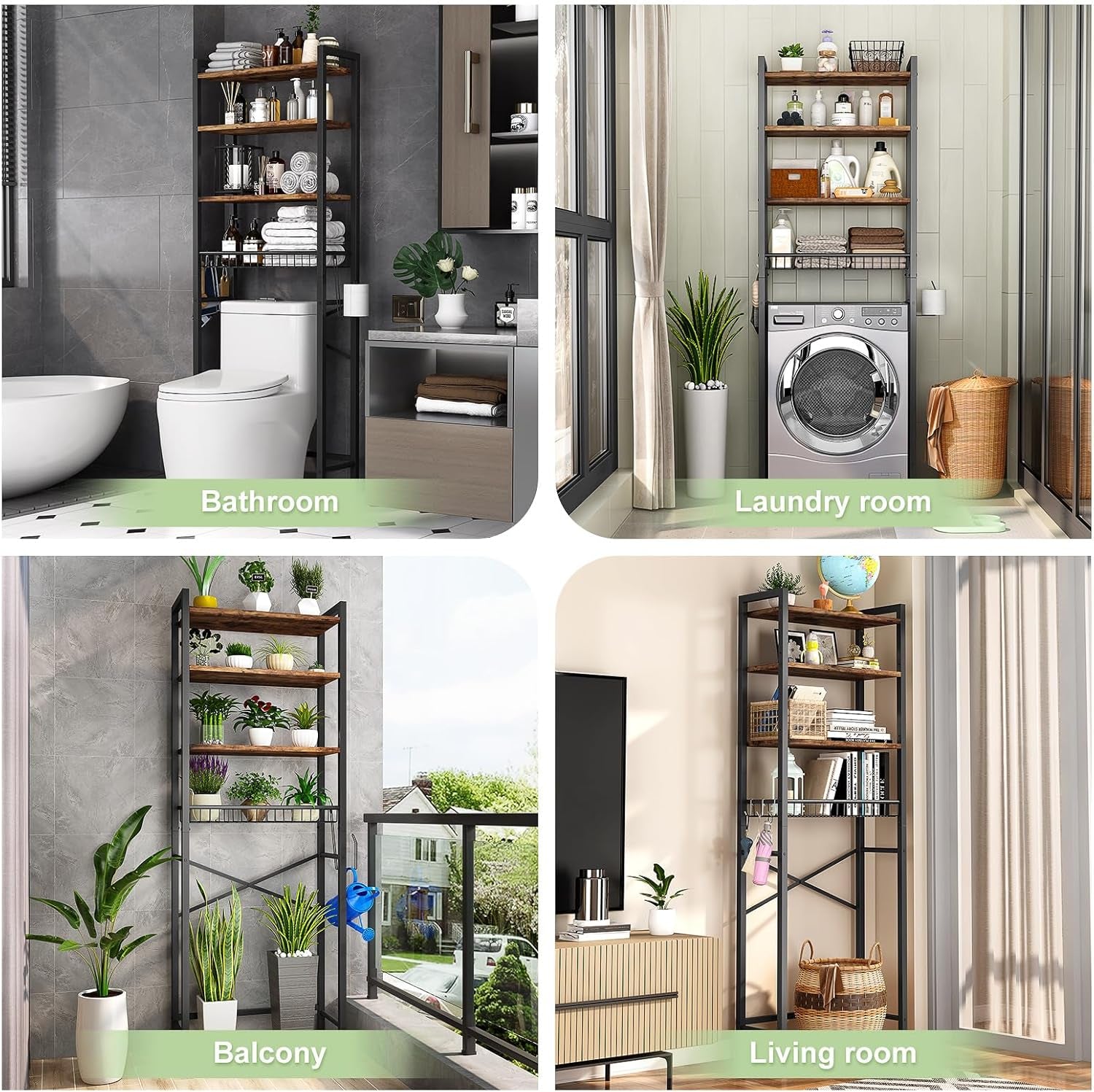 Over-The-Toilet Storage Rack, 4-Tier Bathroom Organizer Shelf over Toilet with Adjustable Shelf and Basket, (Vintage Brown)