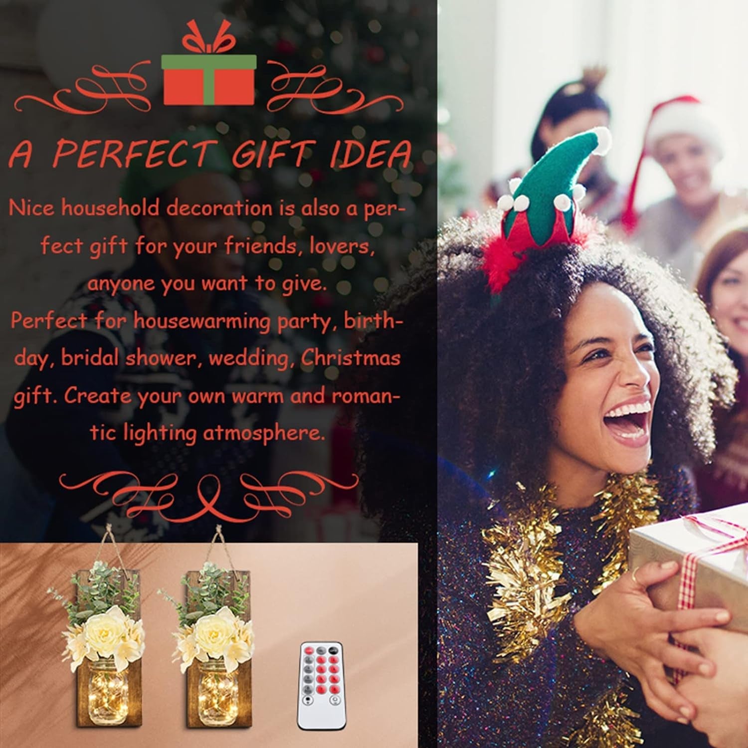 Rustic Wall Decor, Mason Jars Wall Sconces with Remote LED Lights, Hanging Kitchen Bathroom Bedroom Decor (Set of 2) - Dark Brown