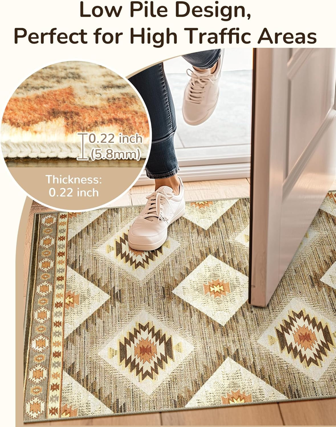 Area Rug 5X7 Machine Washable Non-Slip Print Pattern Western Rug -Cream/Camel