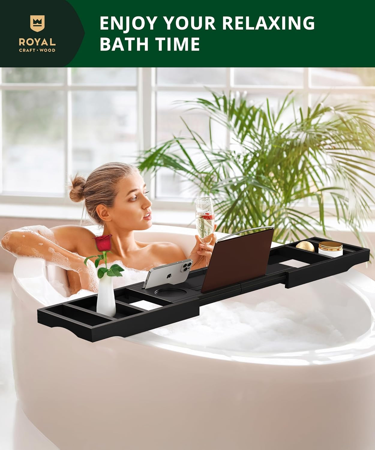 Premium Foldable Bathtub Tray Caddy -Expandable Wood Bath Tray for Tub, Black