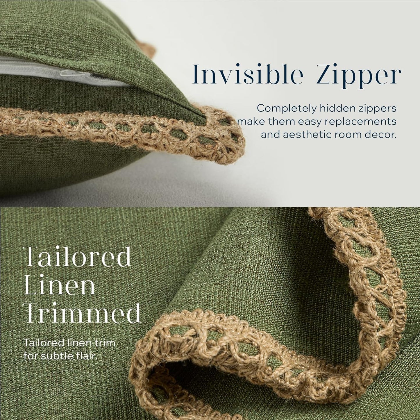 Pack of 2 Farmhouse Decorative Throw Pillow Cover Solid Burlap Linen Trimmed Tailored Edges, Olive Green, 20 X 20 Inches