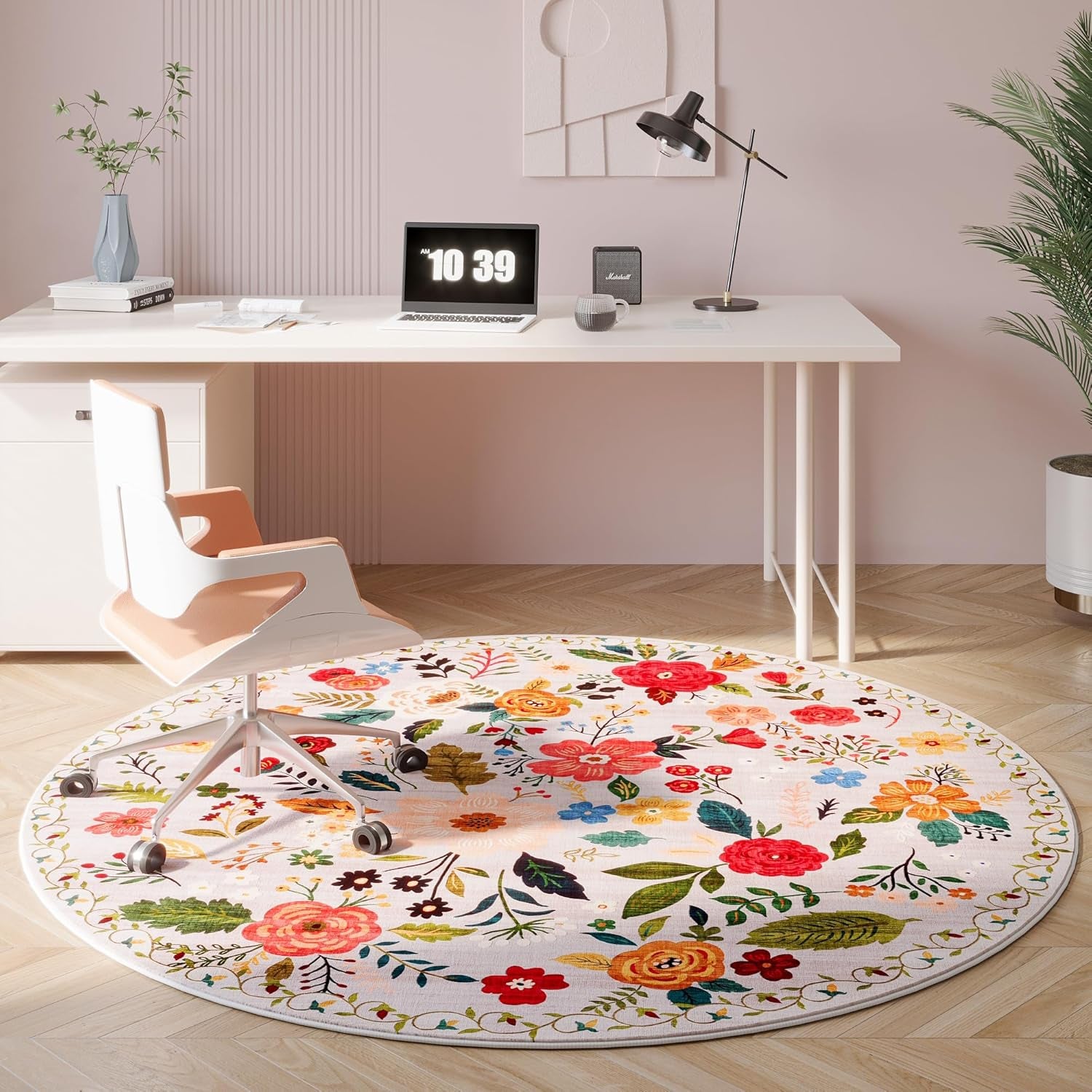 Round Rug 6Ft, Washable Circle Rug Non-Slip, Low Pile Boho Floral Small Circular Rug (Beige)