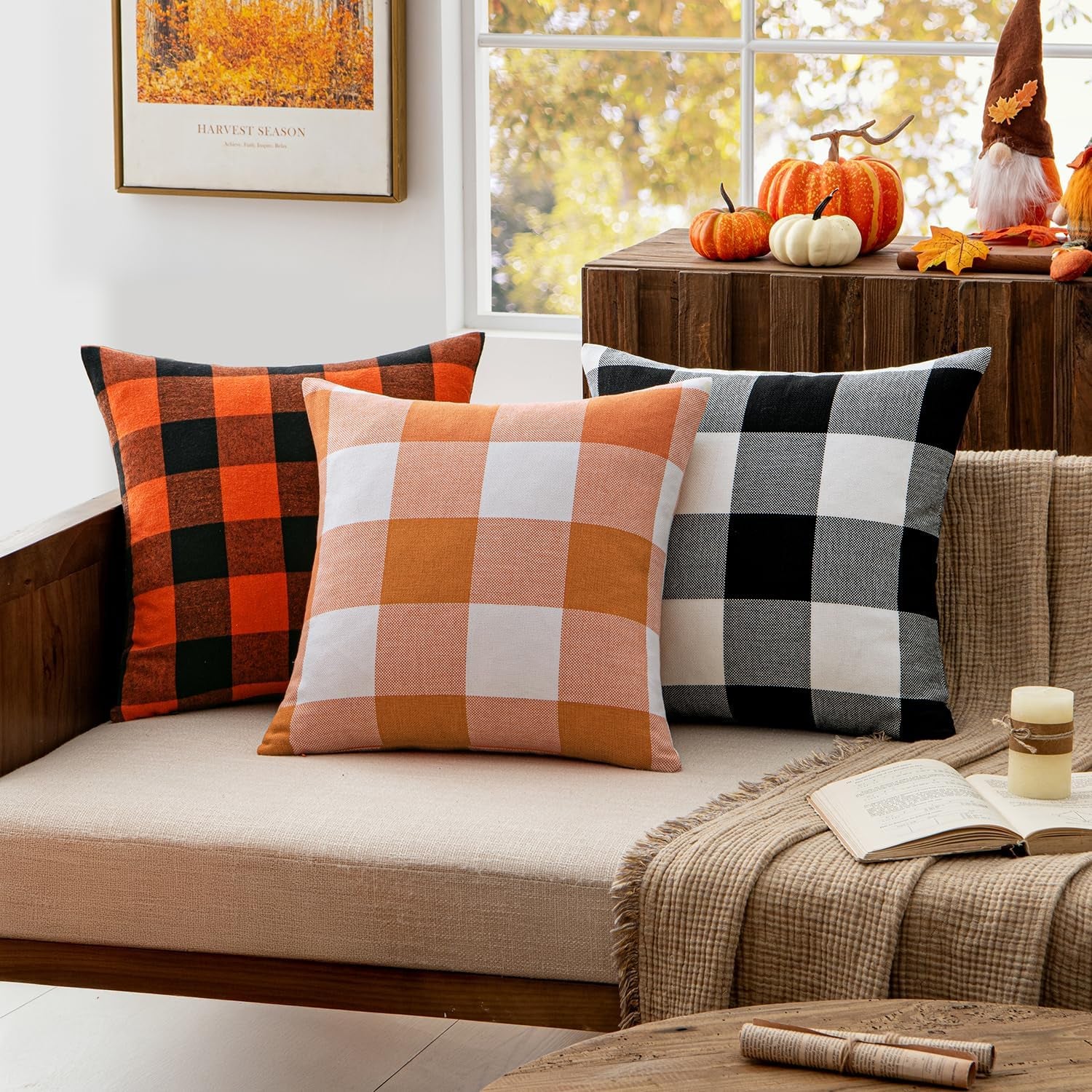 Pack of 2 Fall Throw Pillow Covers Decorative Classic Farmhouse Orange and White 20 X 20 Inch