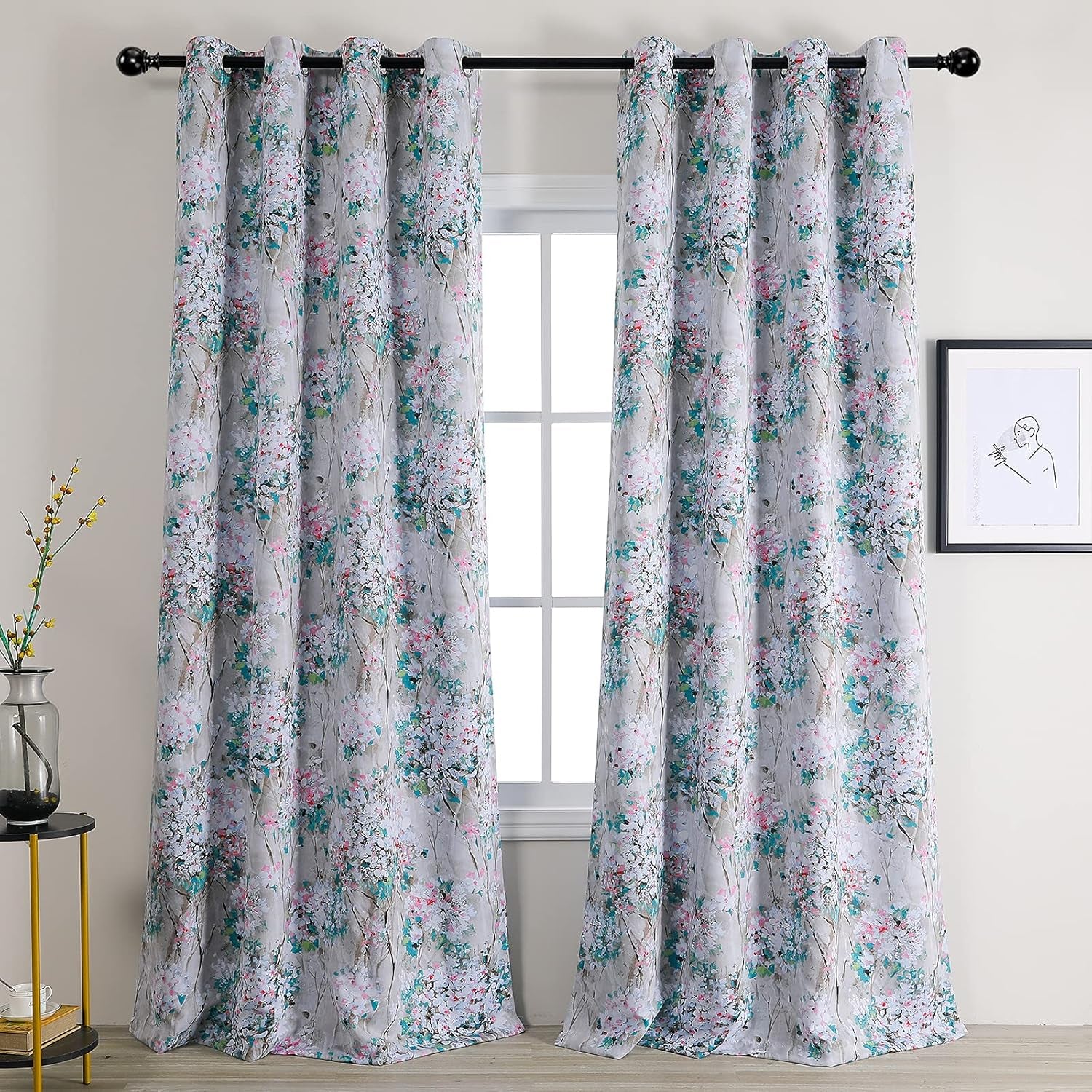 Floral Blackout Curtains 84 Inches Long 2 Panels Pink and Blue Floral Thermal Insulated Ink Vintage Flower Printed