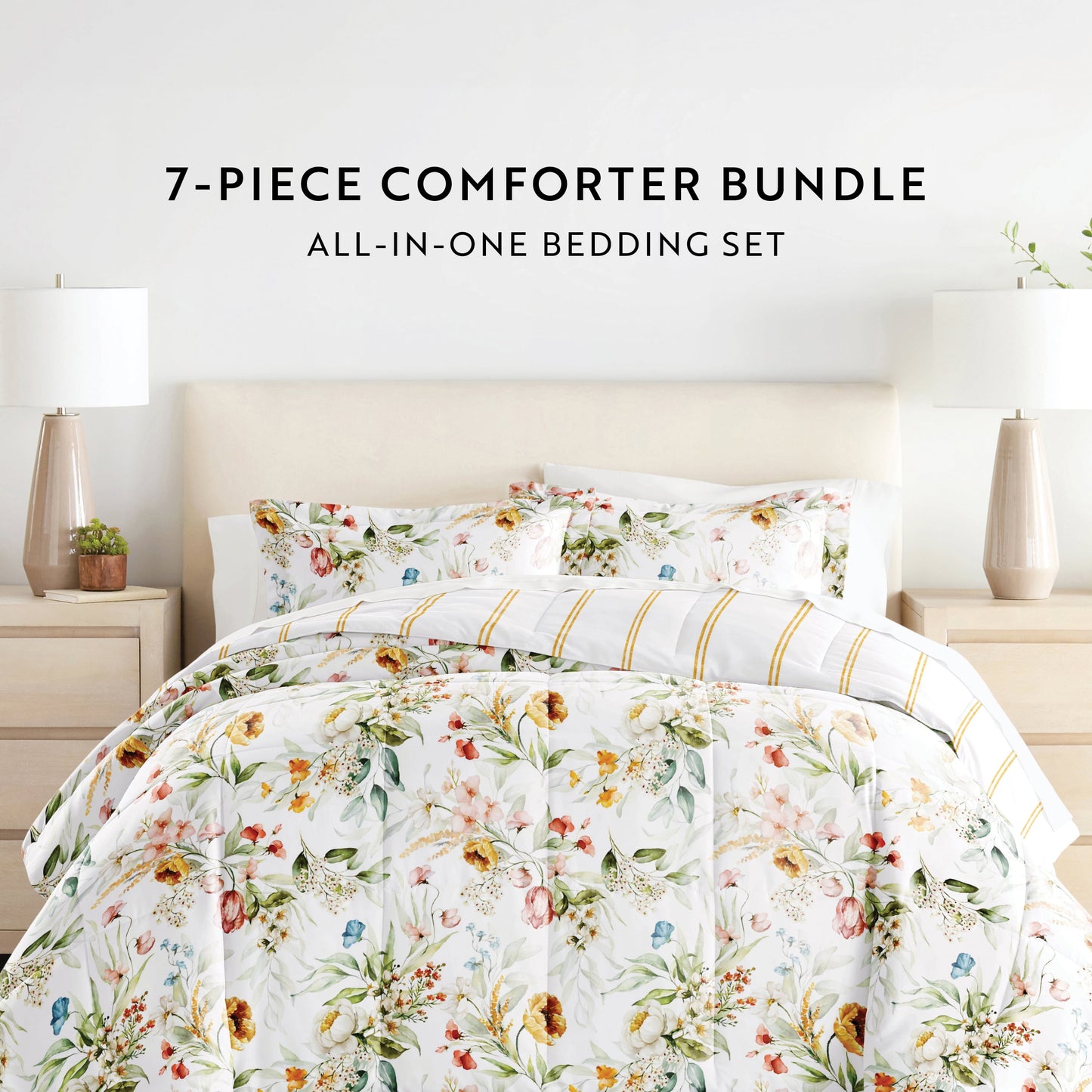 - Twinxl Bedding Bundle, Patterned Microfiber Comforter and Solid Sheet Set in Cabbage Chintz Floral Stripe Clay