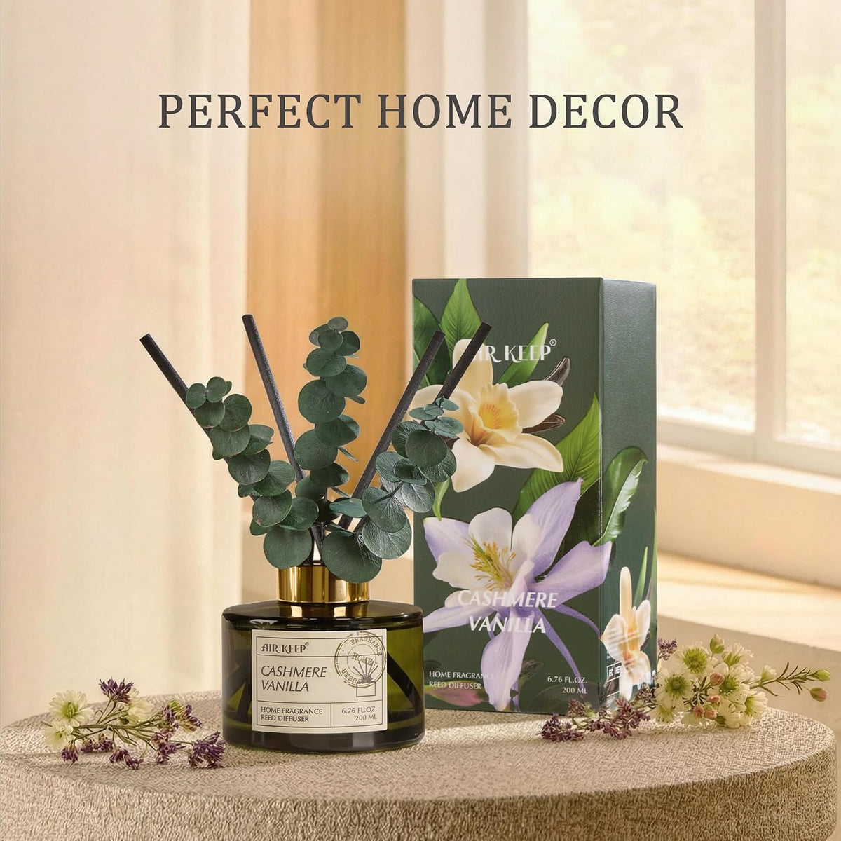 Reed Diffuser Set with 6.76 Fl Oz Cashmere Vanilla Scent Essential Oils and 3 Leaves & 8 Diffuser Sticks,Bathroom Shelf Decor & Air Freshener, House Bedroom Office Decor & Gifts