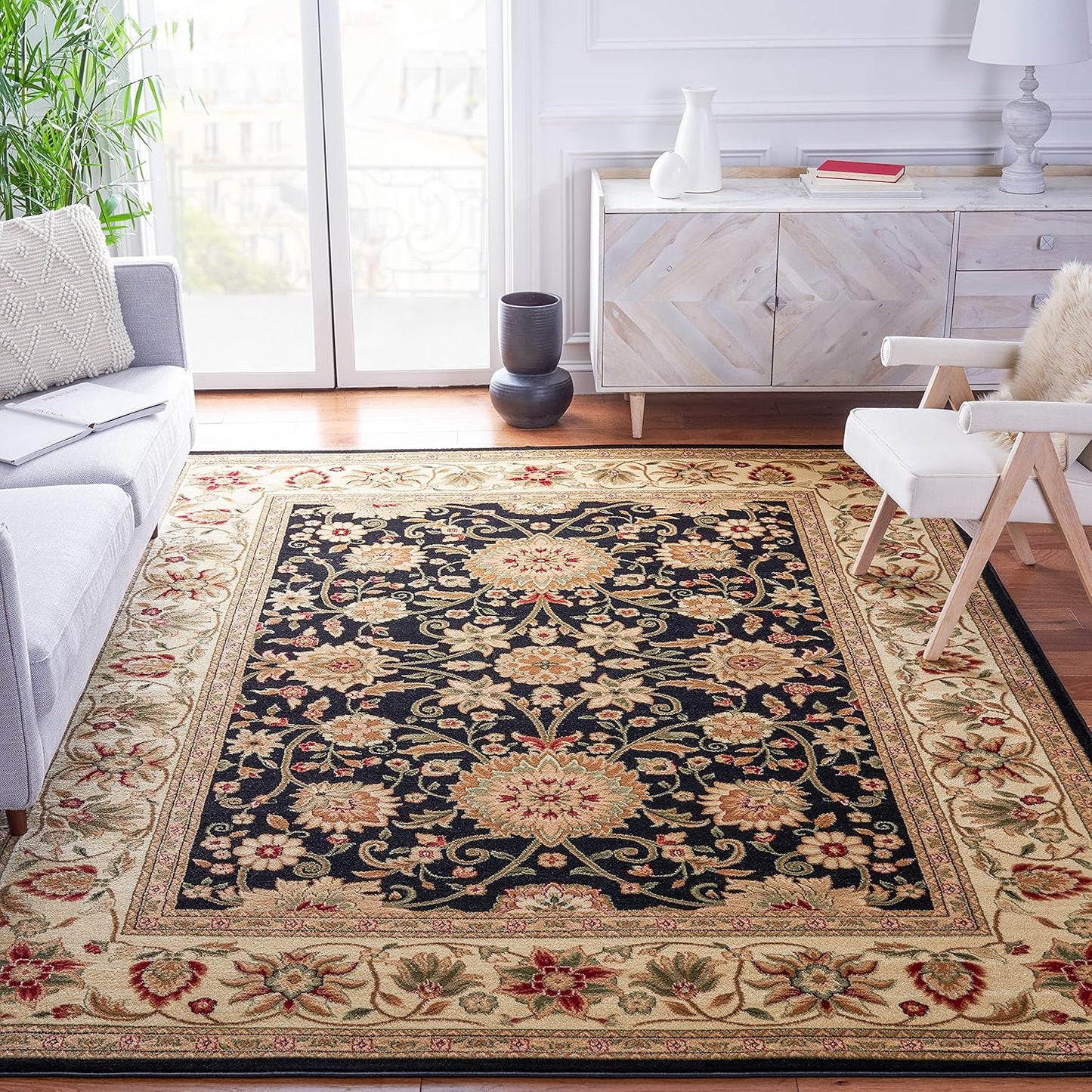 Lyndhurst Collection 6' Square Black/Ivory LNH212A Traditional Oriental, Area Rug