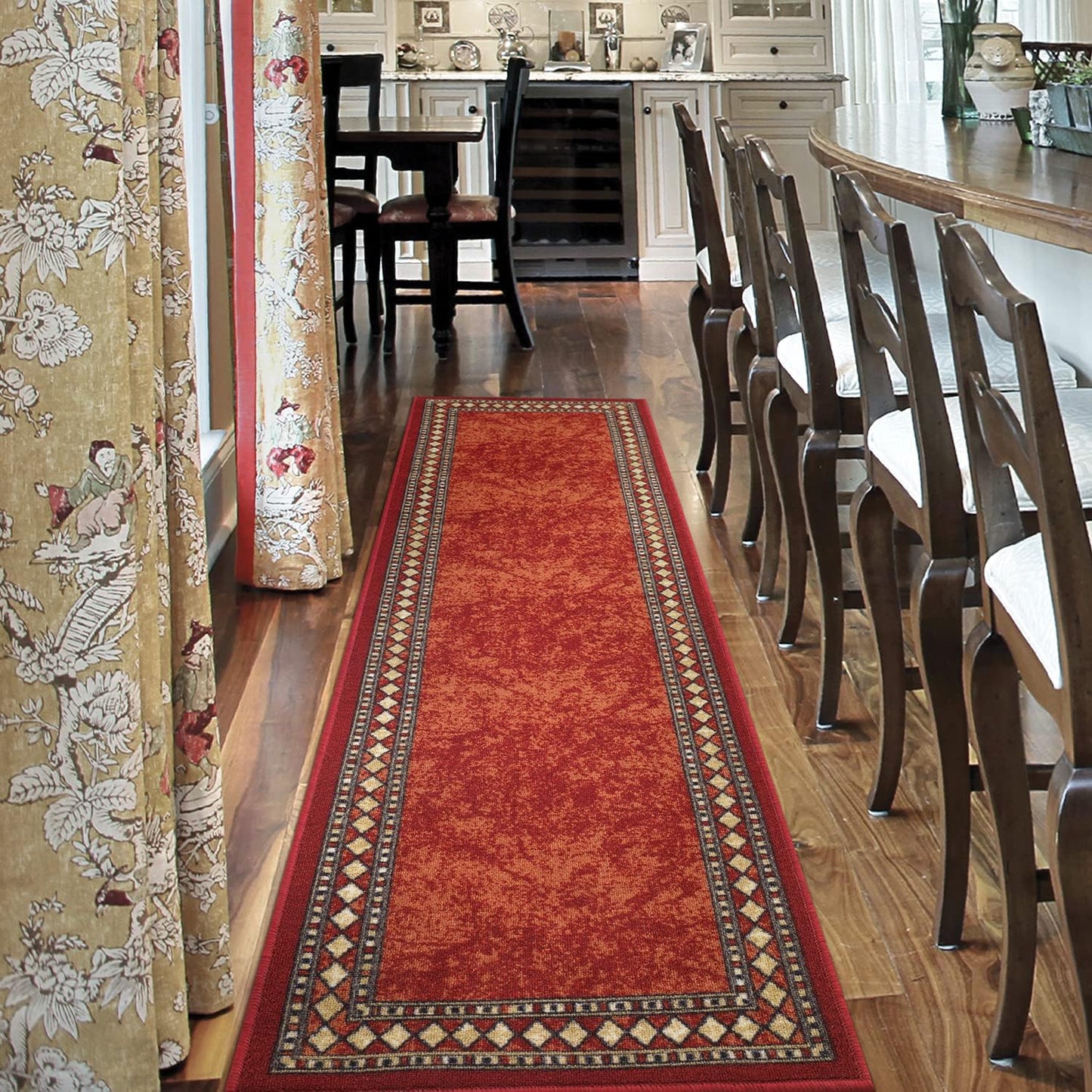 Alfombras Modern Bordered 2X10 Non-Skid (Non-Slip) Low Profile Pile Rubber Backing Indoor Area Runner Rugs (Maroon Beige, 2' X 10')