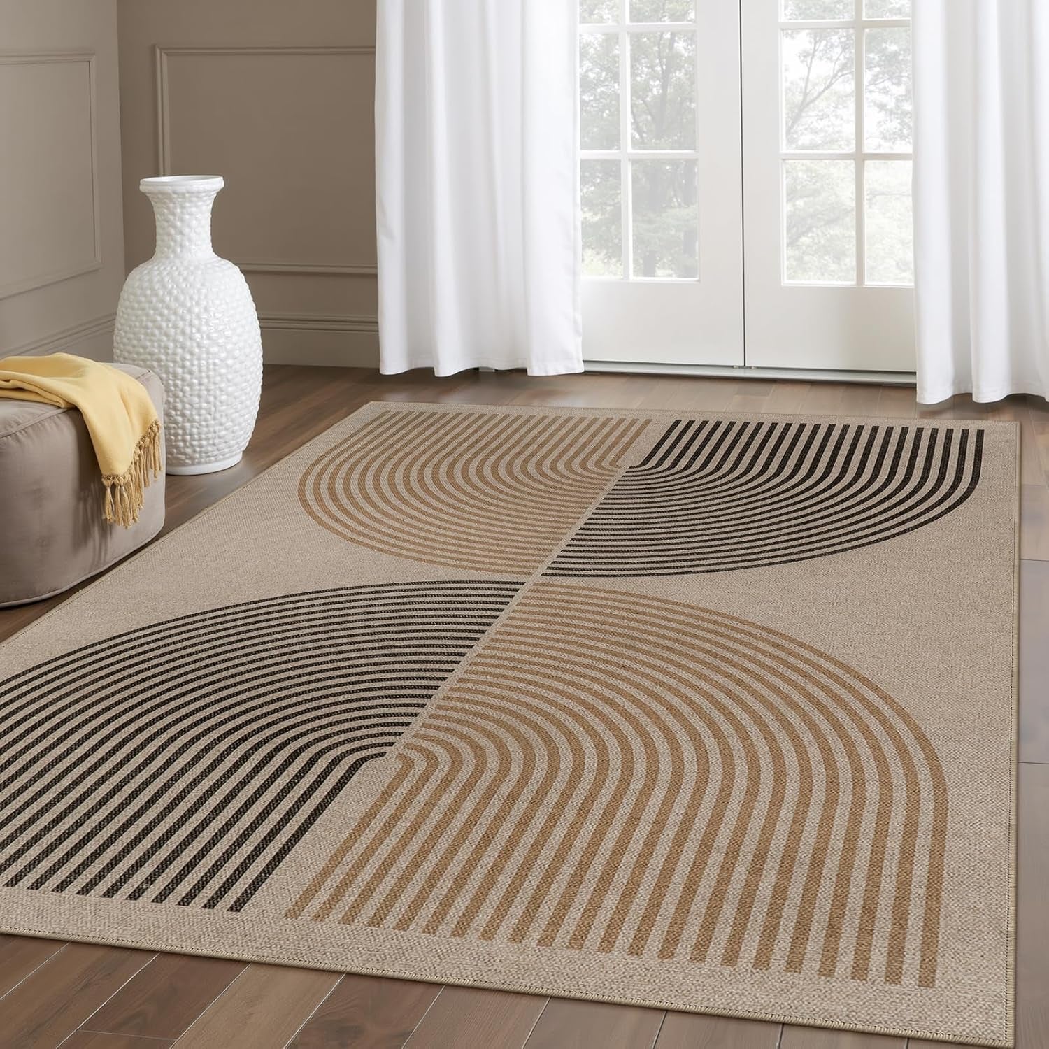 Modern Rainbow Easy Jute Rug, Washable 5X7 Area Rugs for Living Room, Black