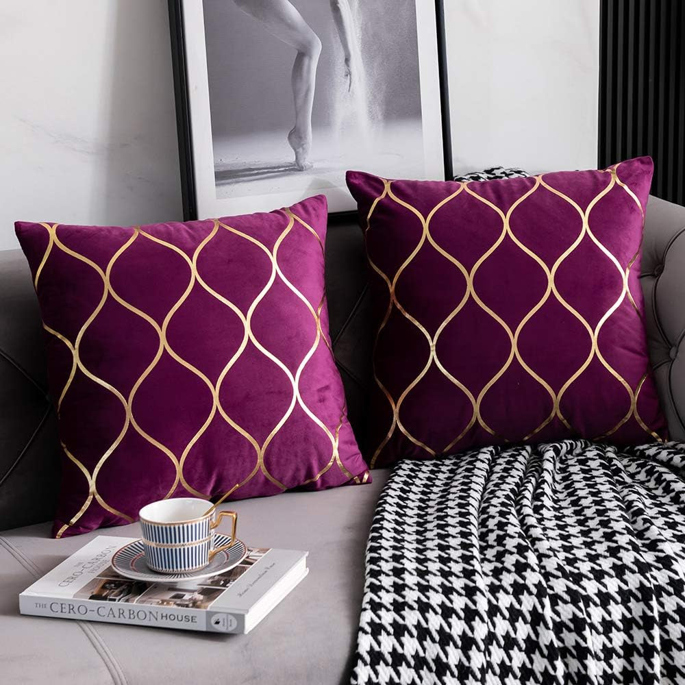 Gold Velvet Throw Pillow Covers Purple: 2 Pack 20X20 Inch