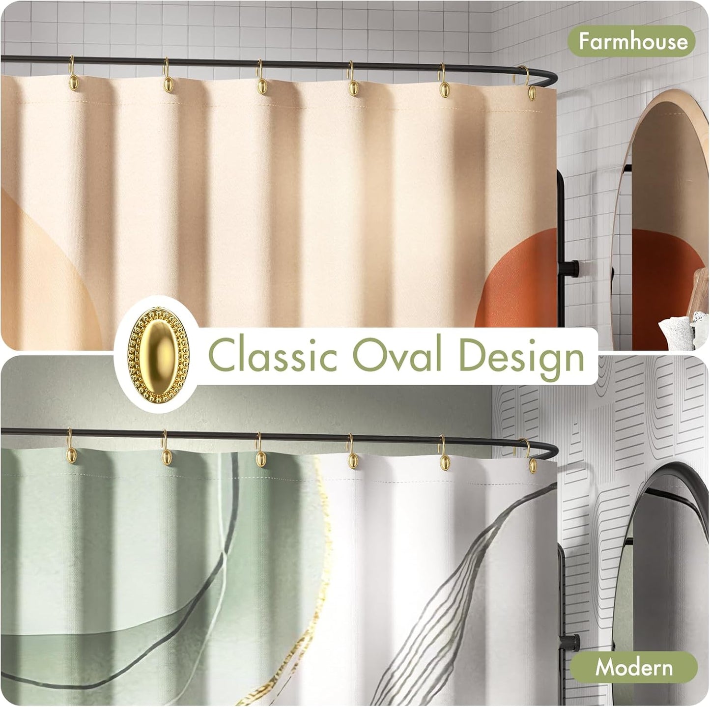 Gold Shower Curtain Hooks, 12PCS Rust Proof Shower Curtain Rings, Decorative Modern Shower Curtain Hangers