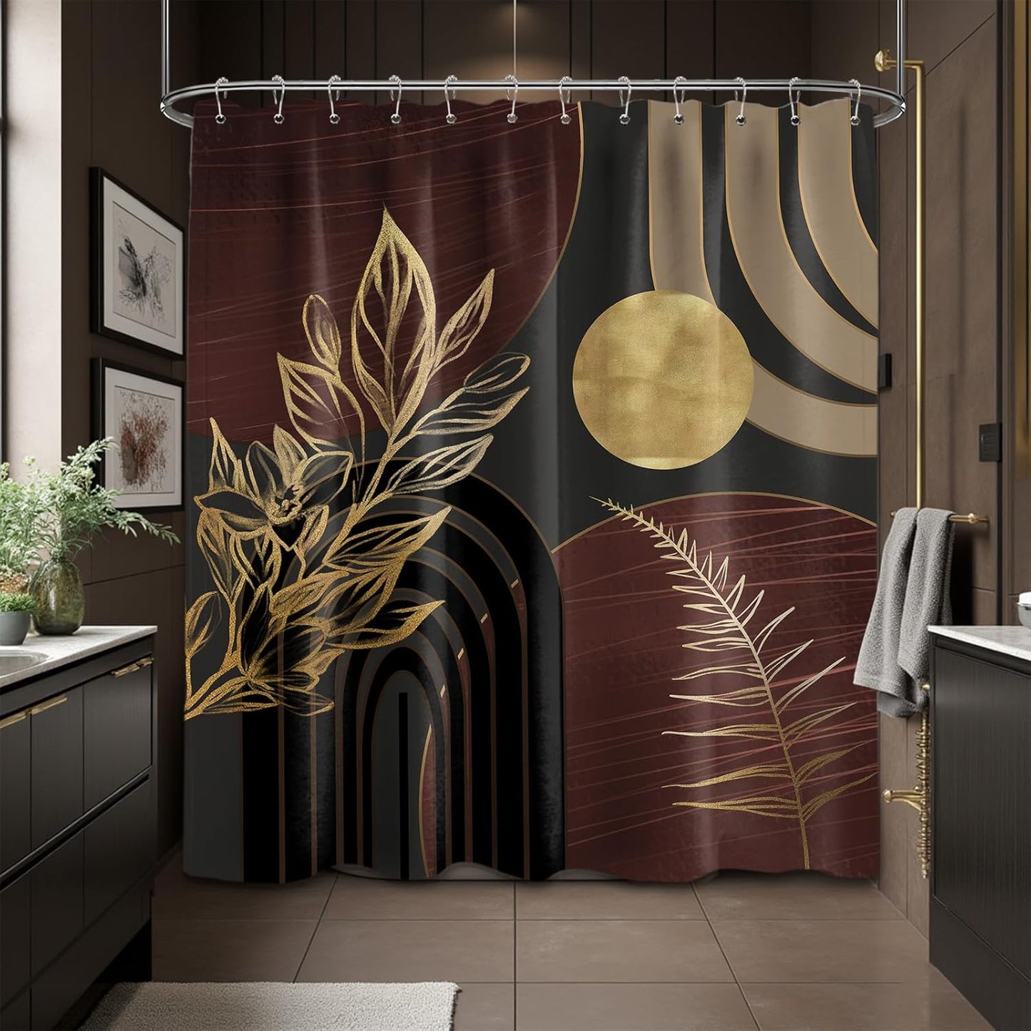 Dark Brown and Black Shower Curtain Boho Mid Century Gold and Brown Shower Curtains for Bathroom Decor, Waterproof Cloth Fabric with Hooks, 70" W X 72" L