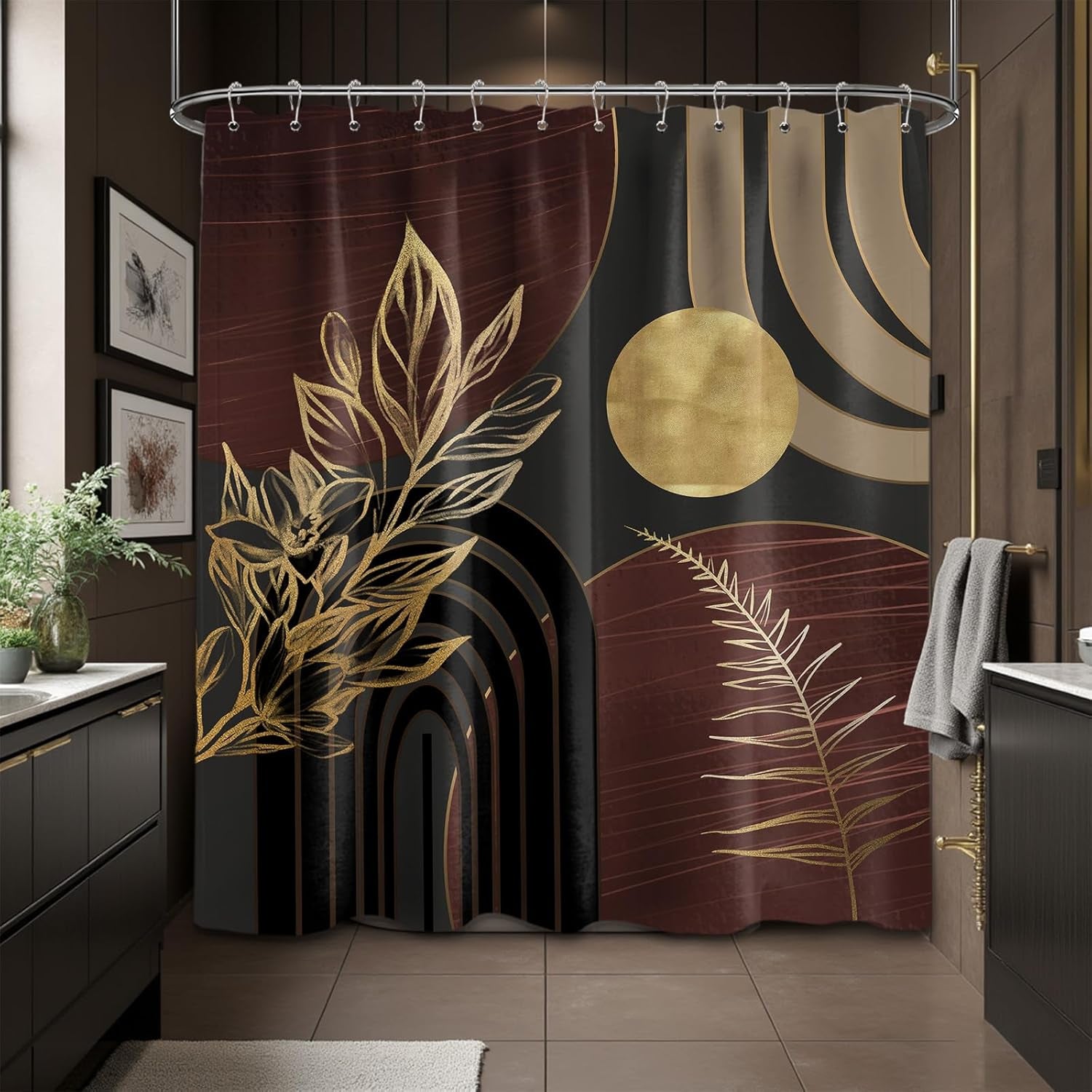 Dark Brown and Black Shower Curtain Boho Mid Century Gold and Brown Shower Curtains for Bathroom Decor, Waterproof Cloth Fabric with Hooks, 70" W X 72" L