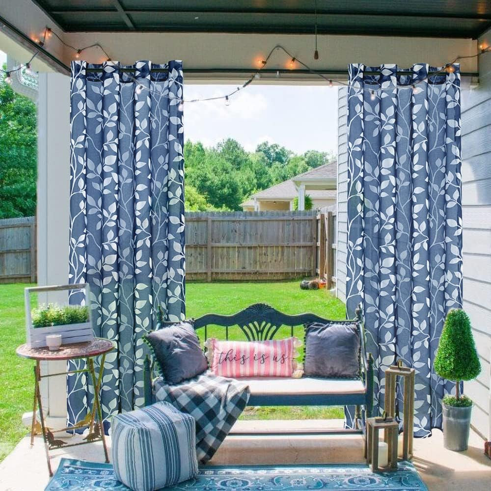 Navy Blue Pattern Curtains 84 Inch Length for Living Room 2 Panels Set,Leaf Floral Design Sheer Curtains
