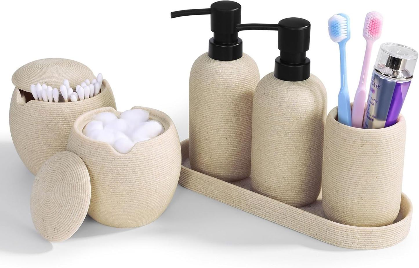 6-Piece Bathroom Accessories Set - Resin Bathroom Set, Lotion Dispenser, Tumbler, Vanity Tray, Cotton Swab Jars with Lids, Bathroom Organizer, Elegant Bath Decor for Home Dorm Hotel Countertop (Beige)
