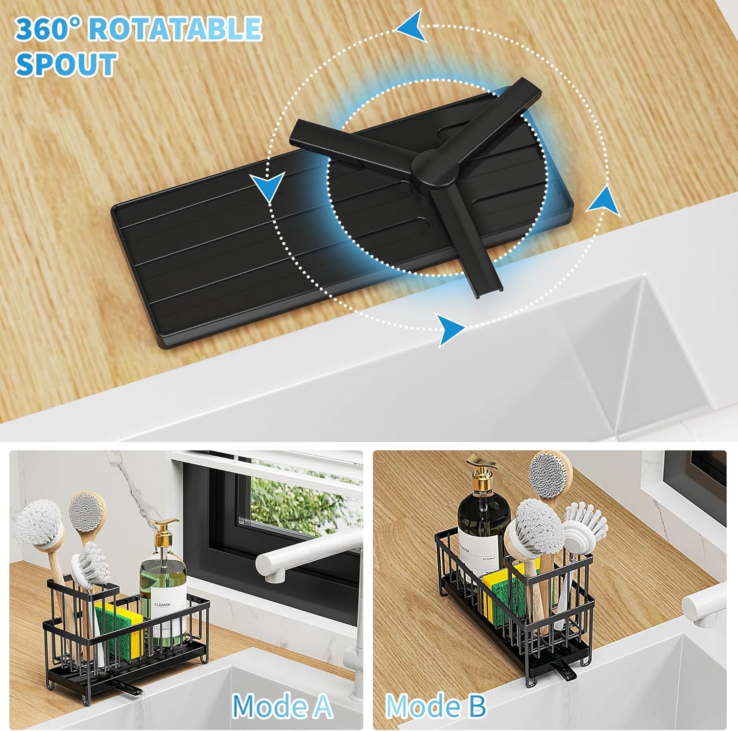 Black Sponge Holder for Kitchen Sink, Sink Caddy Organizer with High Brush Holder, Storage Essentials, Rustproof 304 Stainless Steel