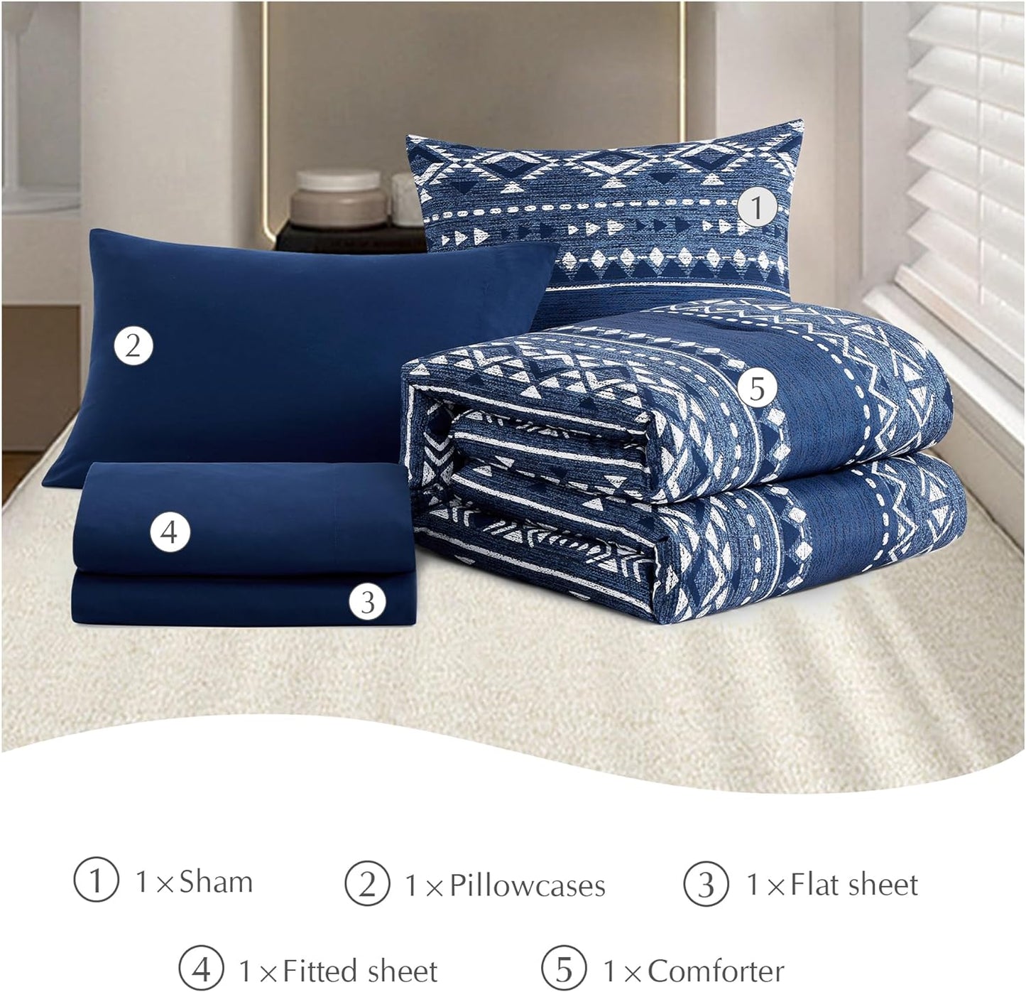Twin Comforter Set - 5 Pieces Comforters, Warm Fluffy Boho Bedding (Blue, 66''X86'')