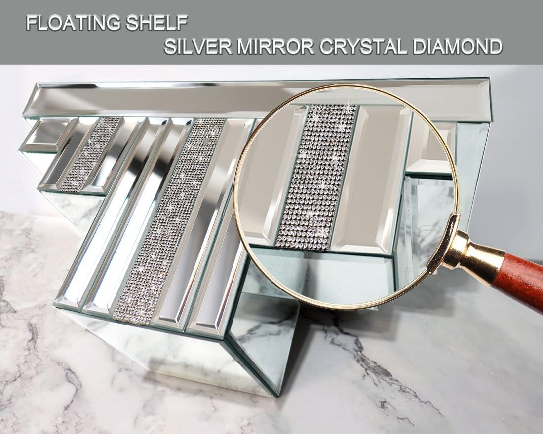 Mirrored Floating Wall Shelf, Silver Mirror Crushed Diamond Decorative Wall Shelf, 14.3" L×5.5" W×7.6" H