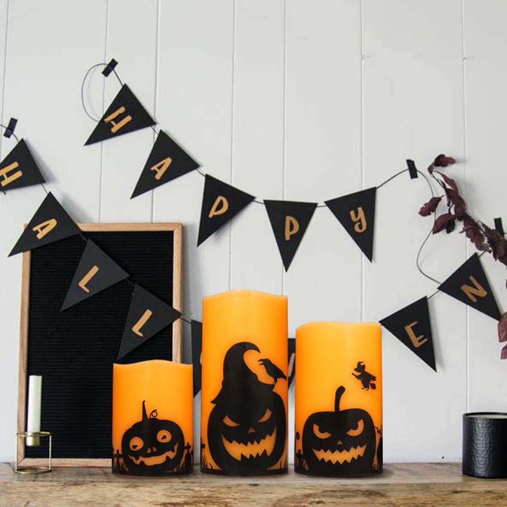 Pumpkin Halloween Flameless Candles Battery Operated with Timer, 3"D X 4"5"6"H, 3 Pack