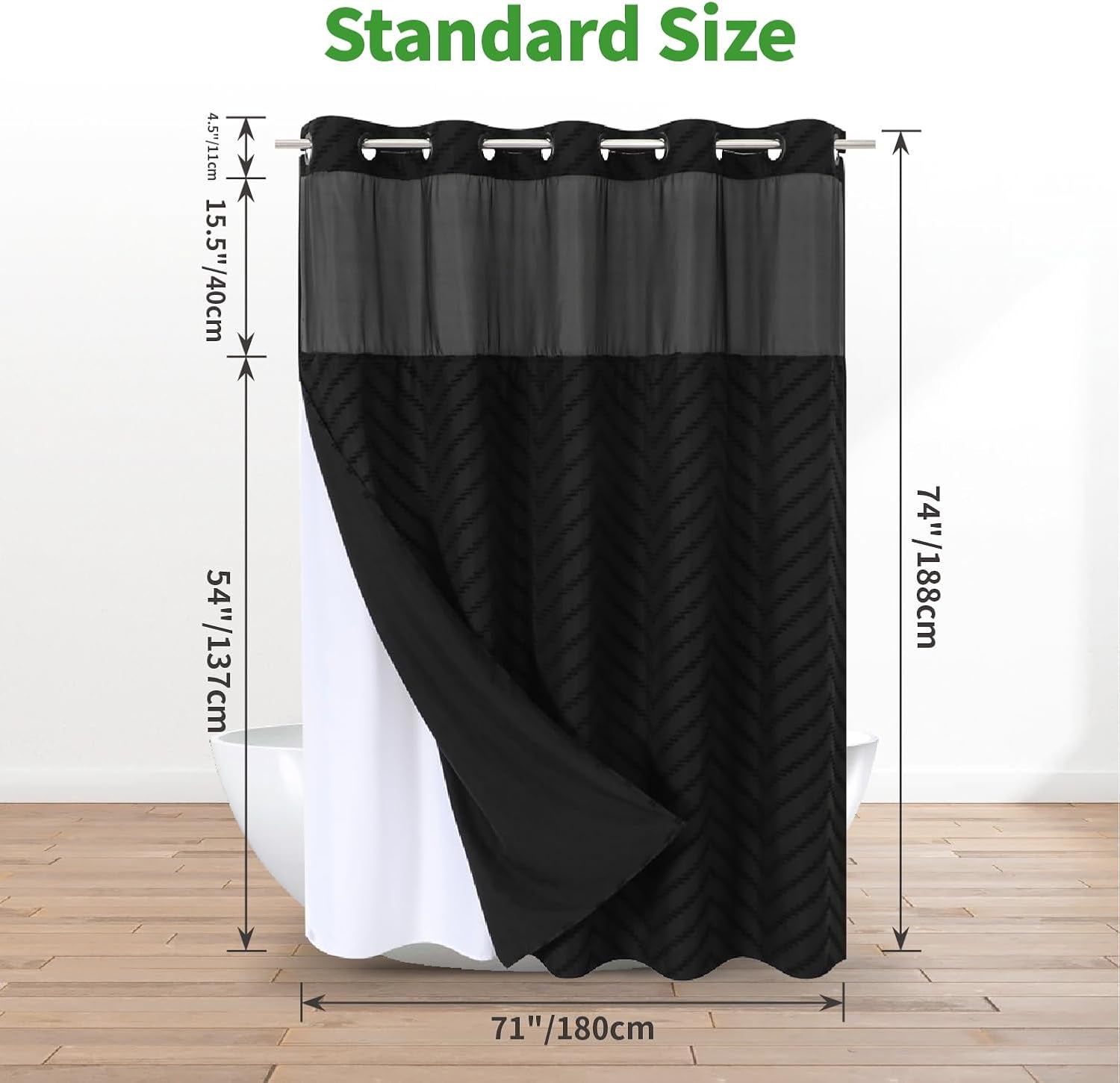 No Hook Tufted Chevron Striped Shower Curtain with Snap-In Fabric Liner Set-71Wx74H(72H), Black