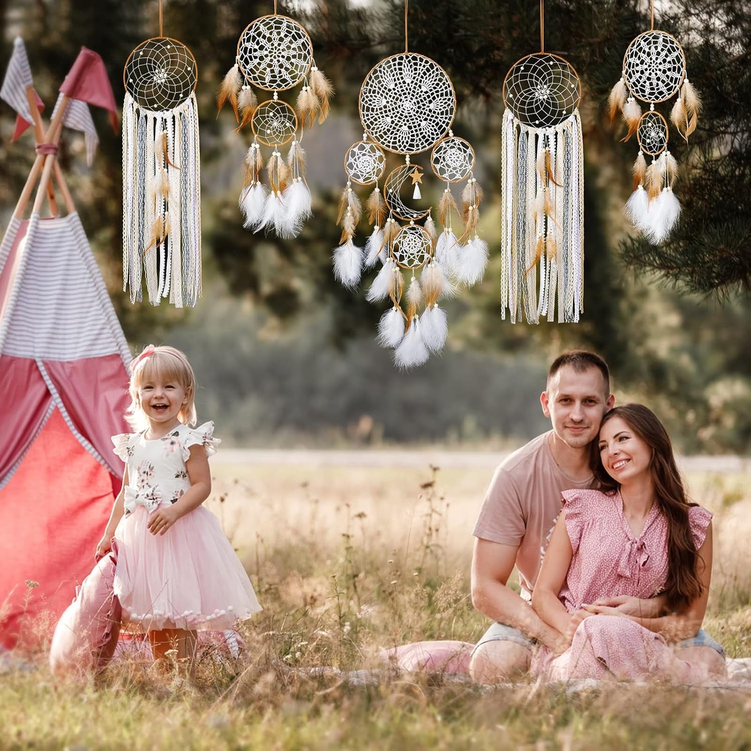 5 Pack Dream Catcher Moon and Sun Design Boho Wall Hanging Decor (Brown)