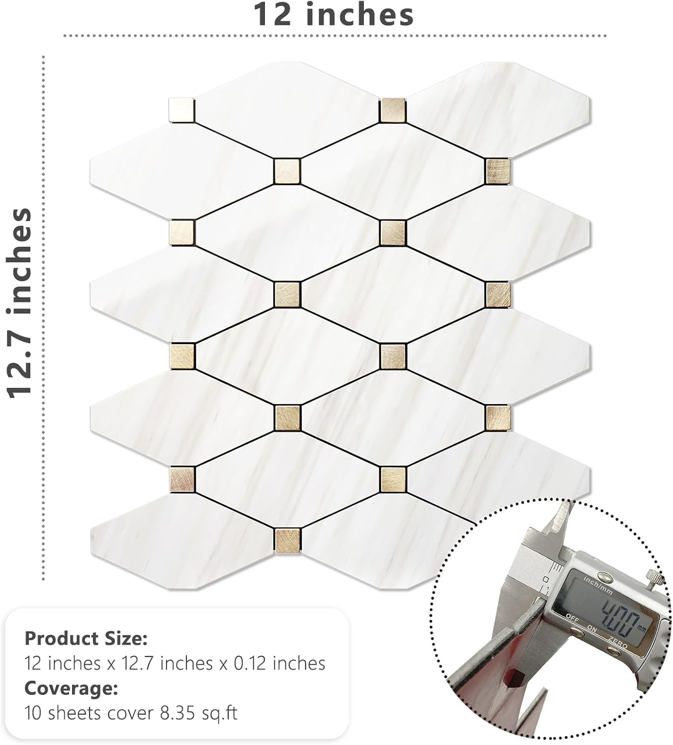 Peel and Stick Wall Tiles, Polished Dolomite PVC Mixed Metal Gold Kitchen Backsplash, Stick on Wall Tiles, 10 Sheets