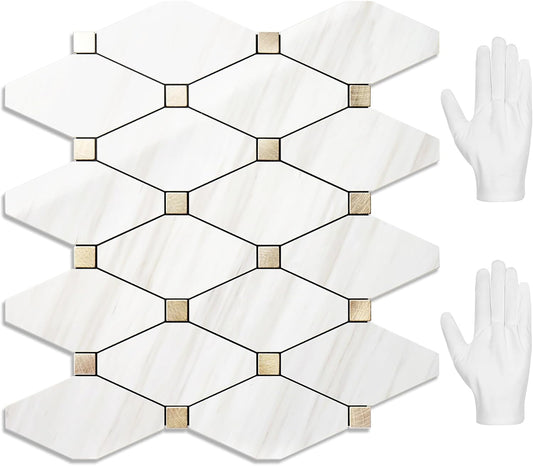 Peel and Stick Wall Tiles, Polished Dolomite PVC Mixed Metal Gold Kitchen Backsplash, Stick on Wall Tiles, 10 Sheets