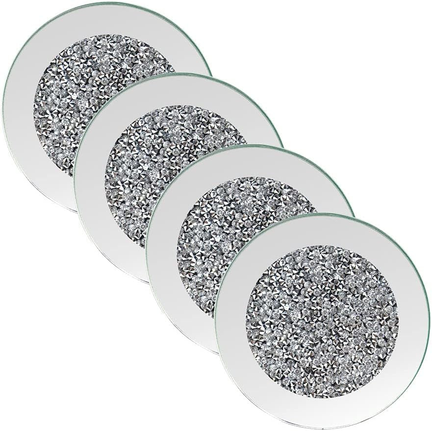 Crushed Diamond Glass Mirrored Coaster round 4", 4pc