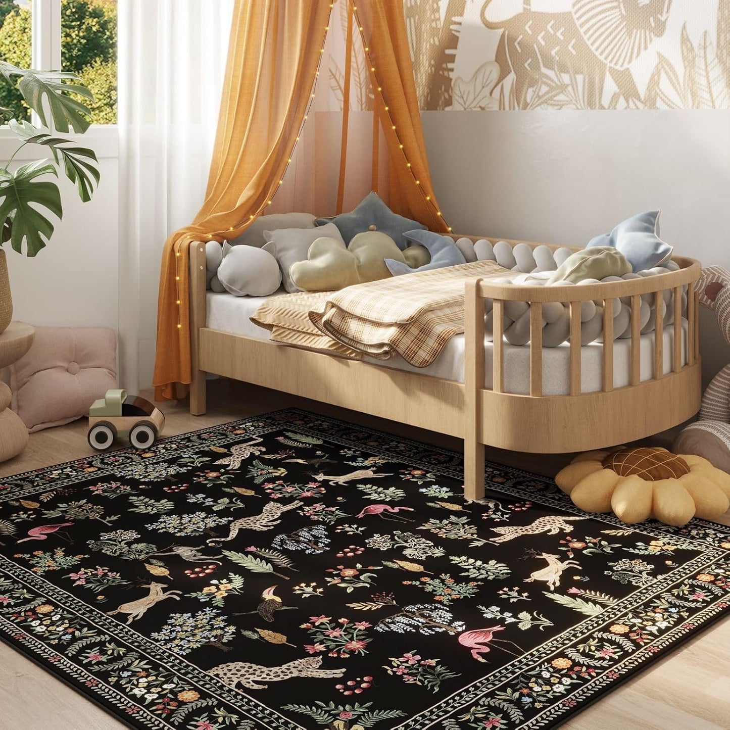 Living Room Rug 5X7 Rug Machine Washable Boho Area Rug Non-Slip Floral Animal Vintage (Black)