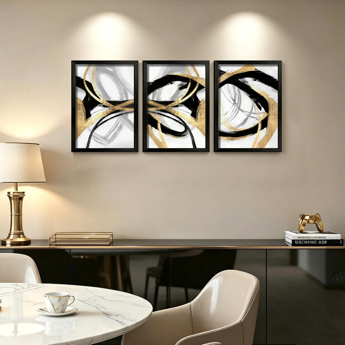 3Pcs Black Framed Black Gold and White Canvas Wall Art 12X16 Inches