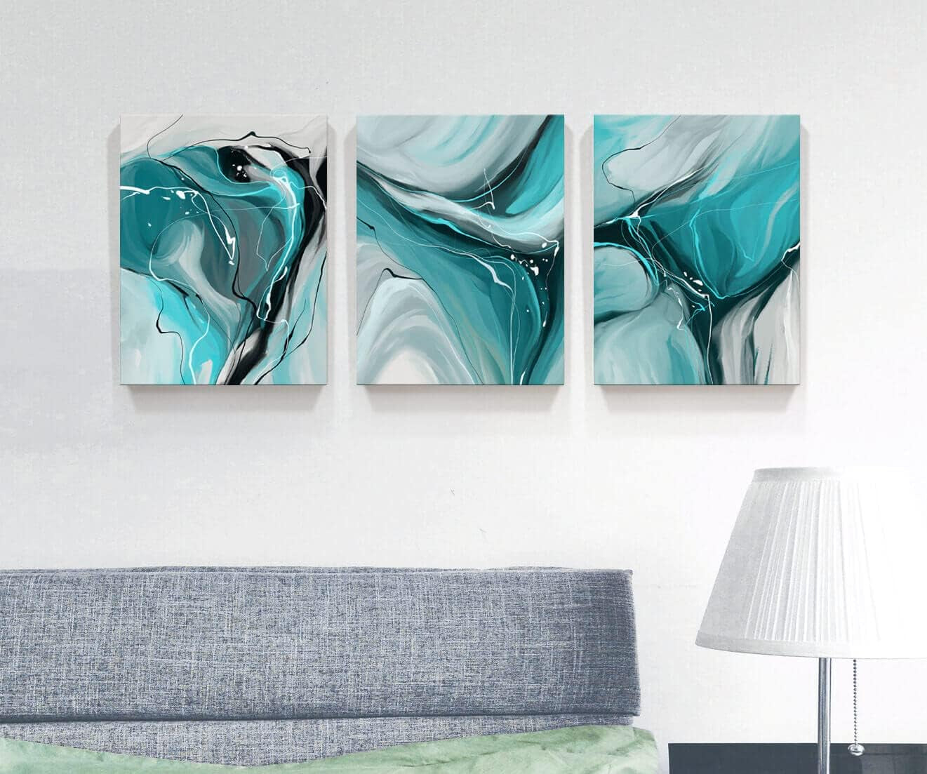 Modern Abstract Wall Art Canvas Prints, 3-Piece Teal and Gray Fluid Art, Contemporary Home Decor Wall Art, 12X16 Inch/Set of 3