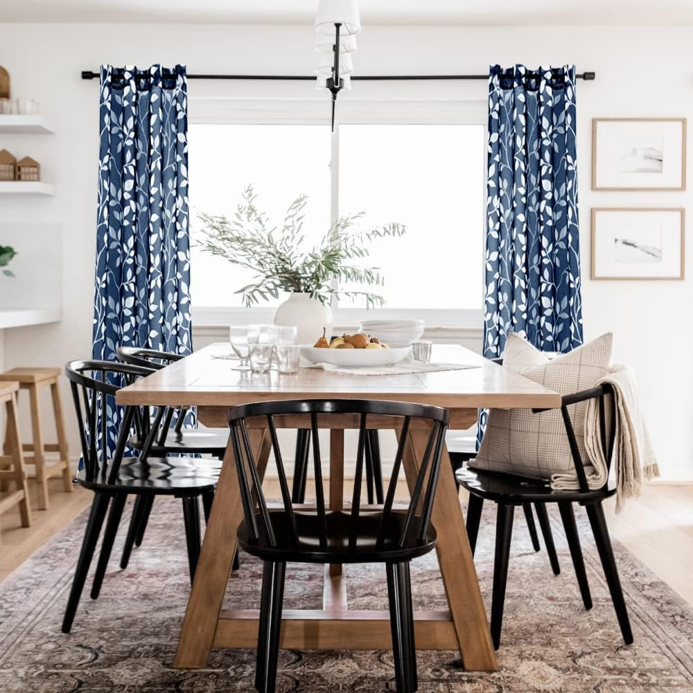 Navy Blue Pattern Curtains 84 Inch Length for Living Room 2 Panels Set,Leaf Floral Design Sheer Curtains