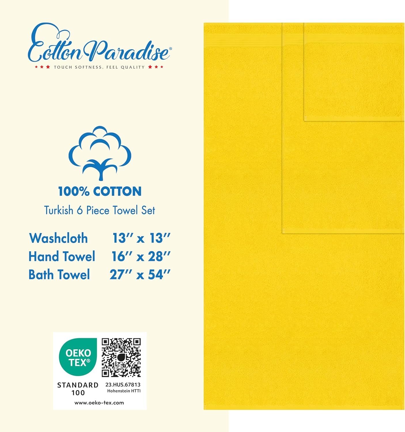 6 Piece Towel Set, 100% Cotton Soft Absorbent Turkish Towels, Yellow Towel Set