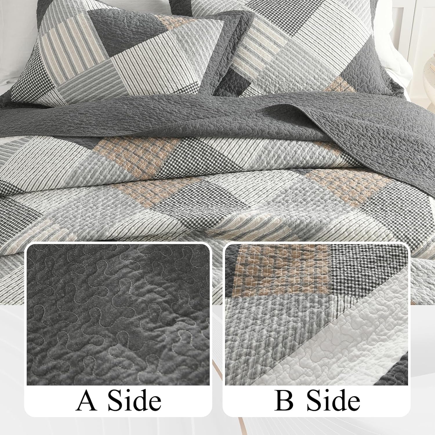 Cotton King Quilt Bedspread Set for King Bed, 3 Pcs, Dark Gray/White/Brown