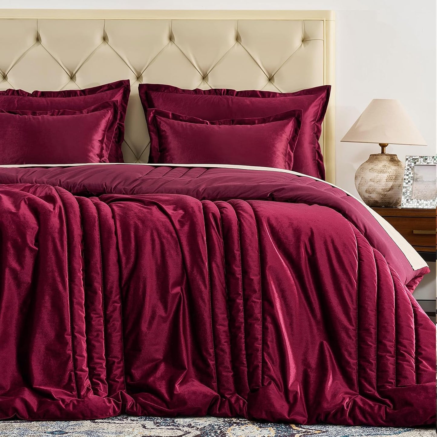 Luxury Burgundy Velvet Queen Size Bed Comforter Set 3 Pieces