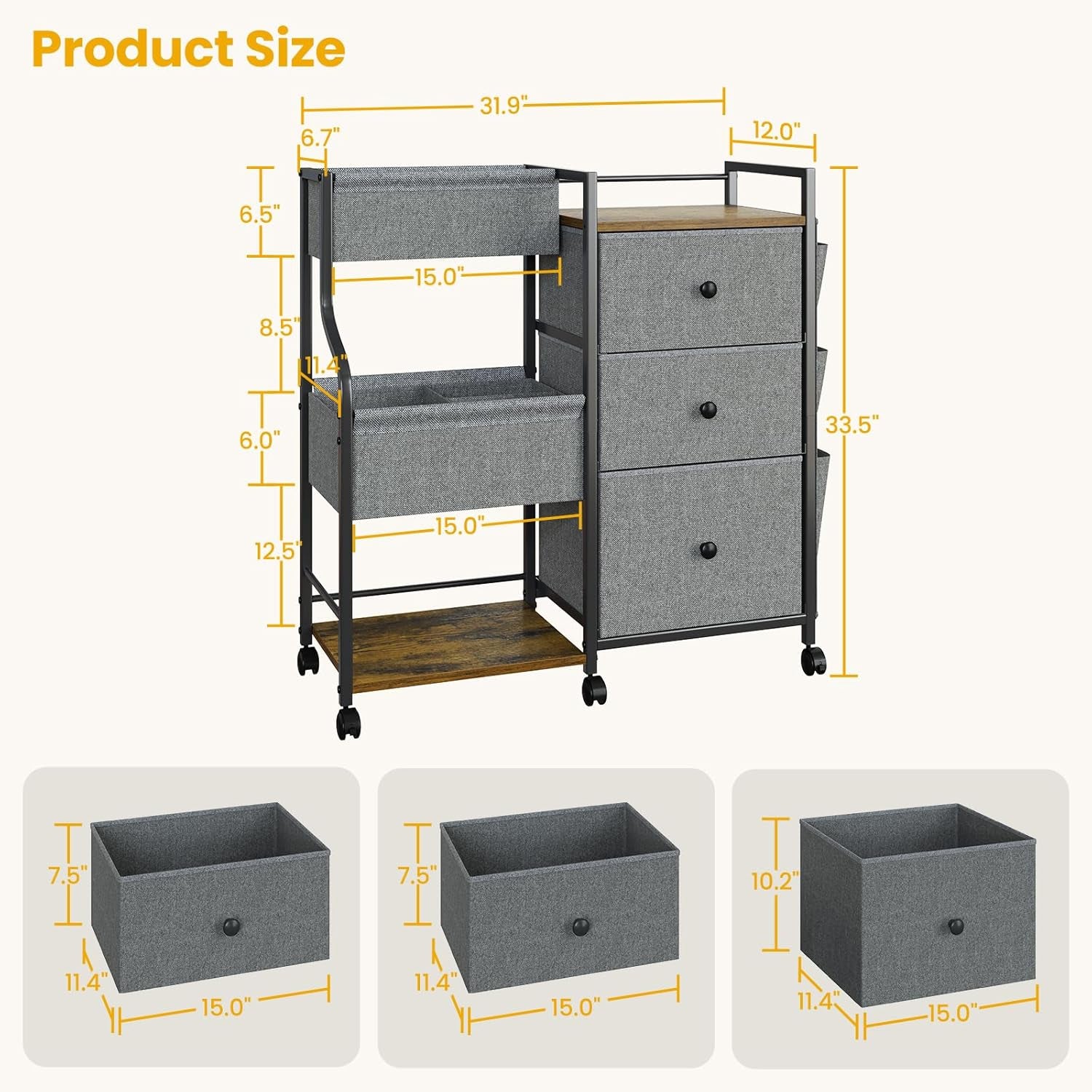 Baby Diaper Caddy, 3 Tier Baby Organizer and Storage Cart with Dividers and Drawers, Mobile Utility Rolling Cart, Grey